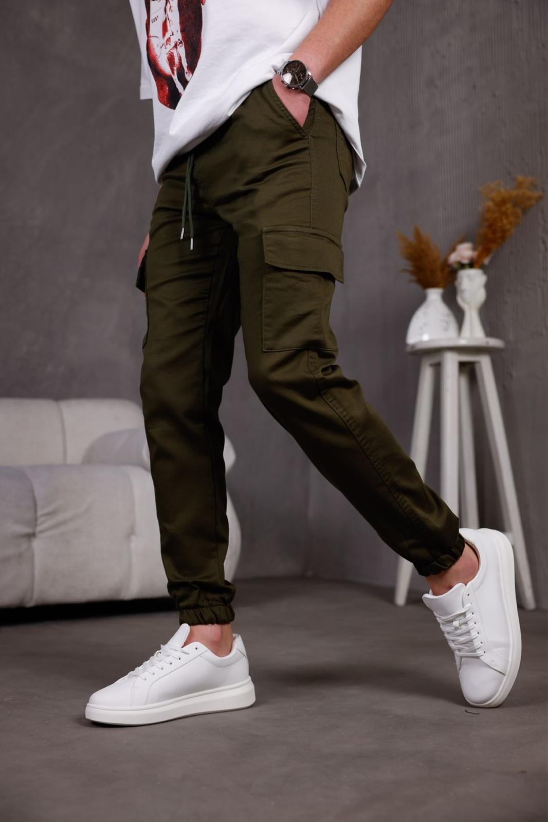 Hend Jogg Paçası ve Beli Lastikli Slim Fit Likralı Keten Kargo Pantolon
