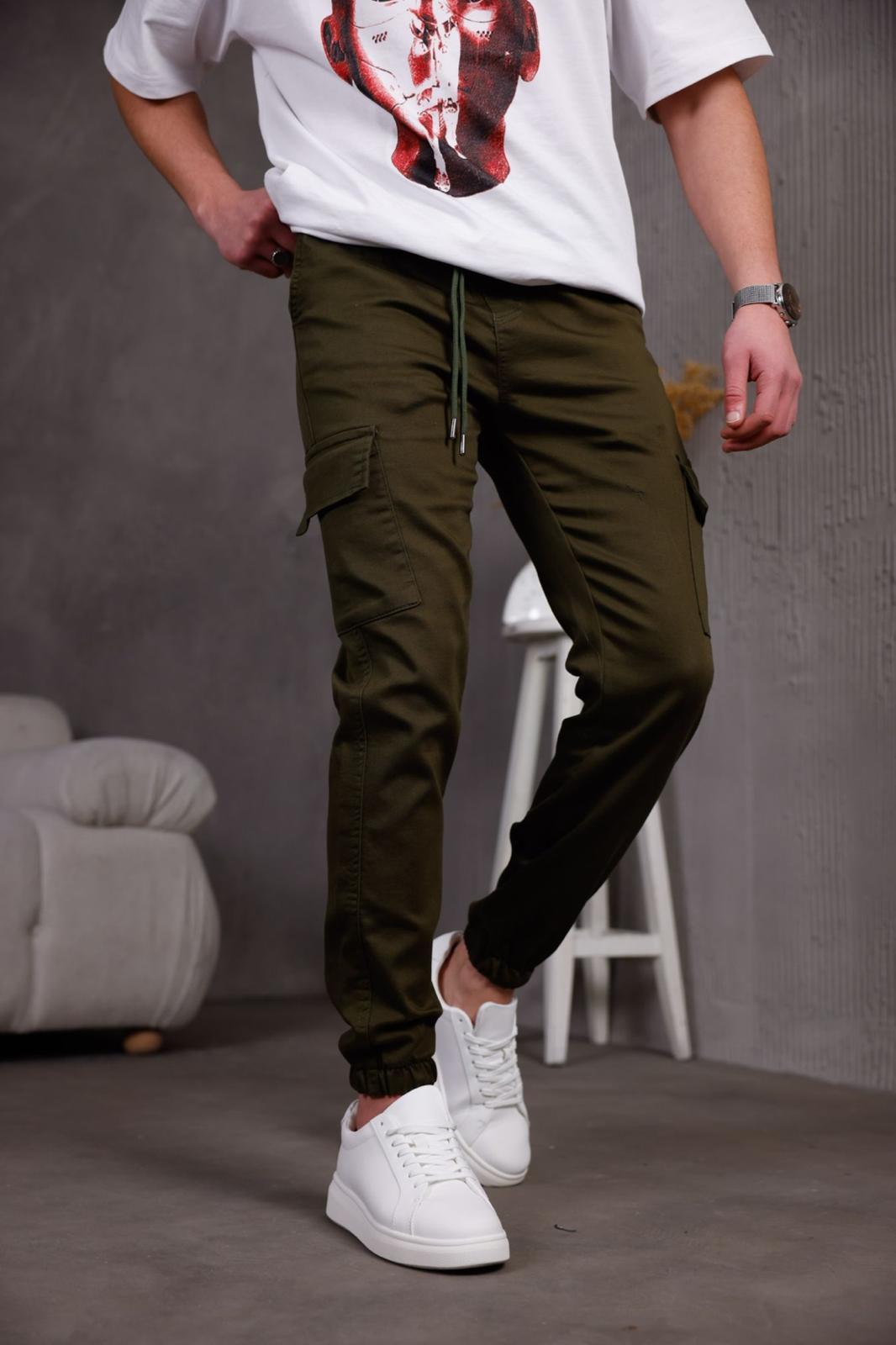 Hend Jogg Paçası ve Beli Lastikli Slim Fit Likralı Keten Kargo Pantolon
