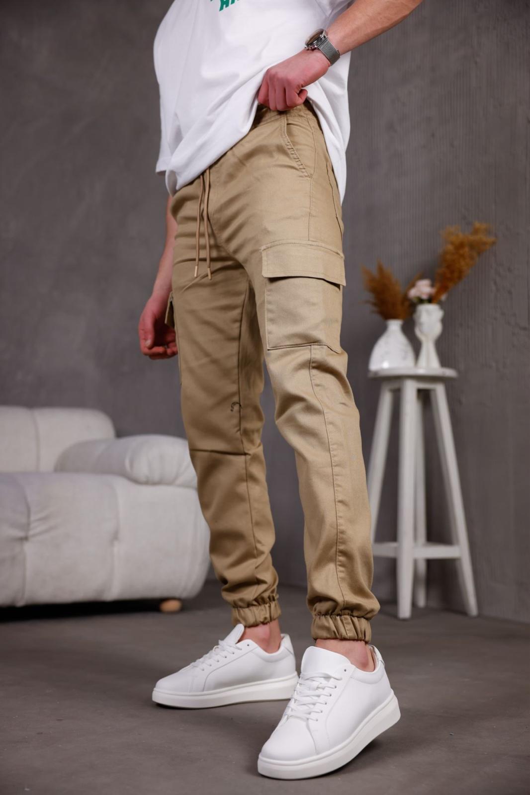 Hend Jogg Paçası ve Beli Lastikli Slim Fit Likralı Keten Kargo Pantolon
