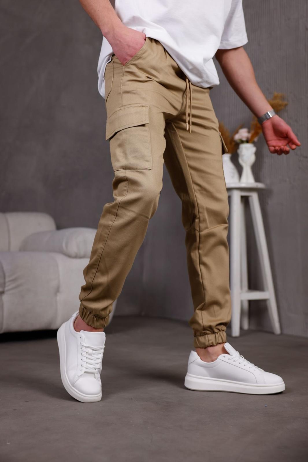 Hend Jogg Paçası ve Beli Lastikli Slim Fit Likralı Keten Kargo Pantolon