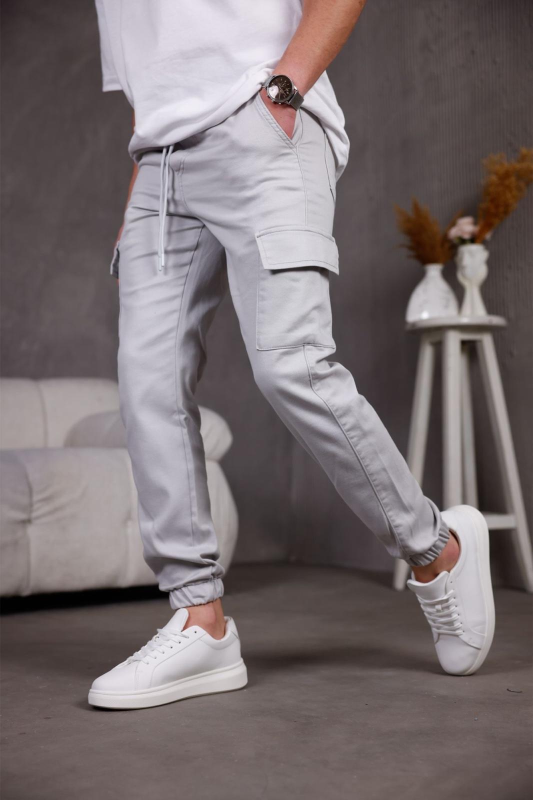 Hend Jogg Paçası ve Beli Lastikli Slim Fit Likralı Keten Kargo Pantolon