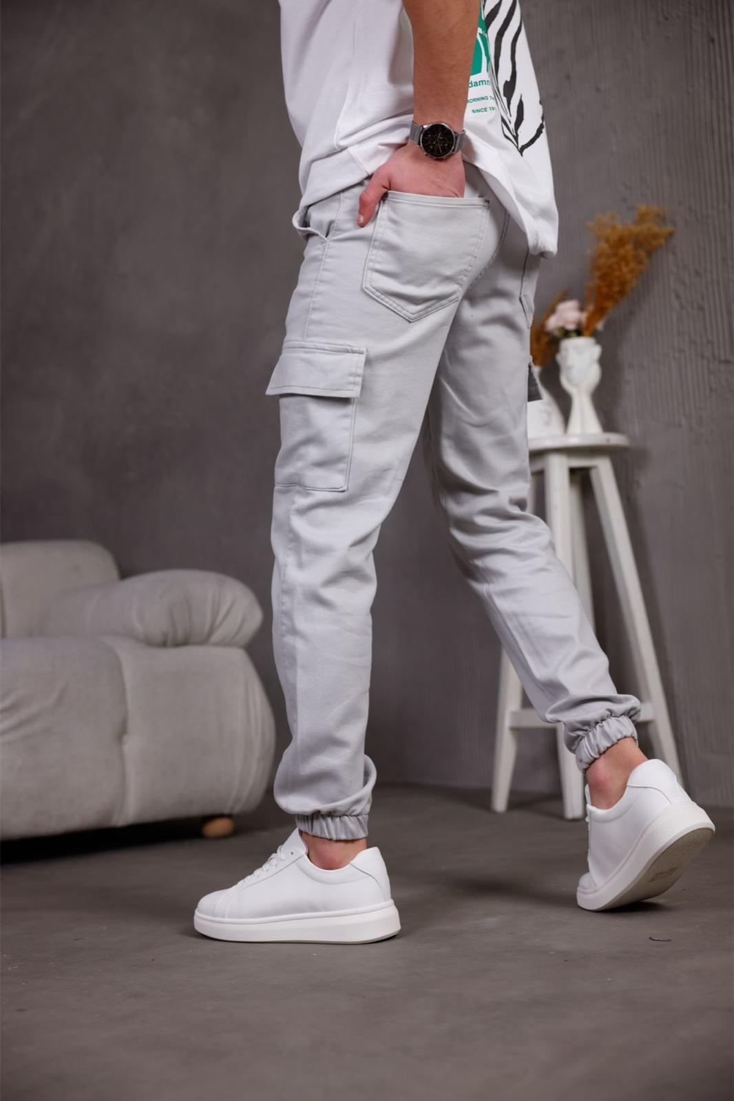 Hend Jogg Paçası ve Beli Lastikli Slim Fit Likralı Keten Kargo Pantolon