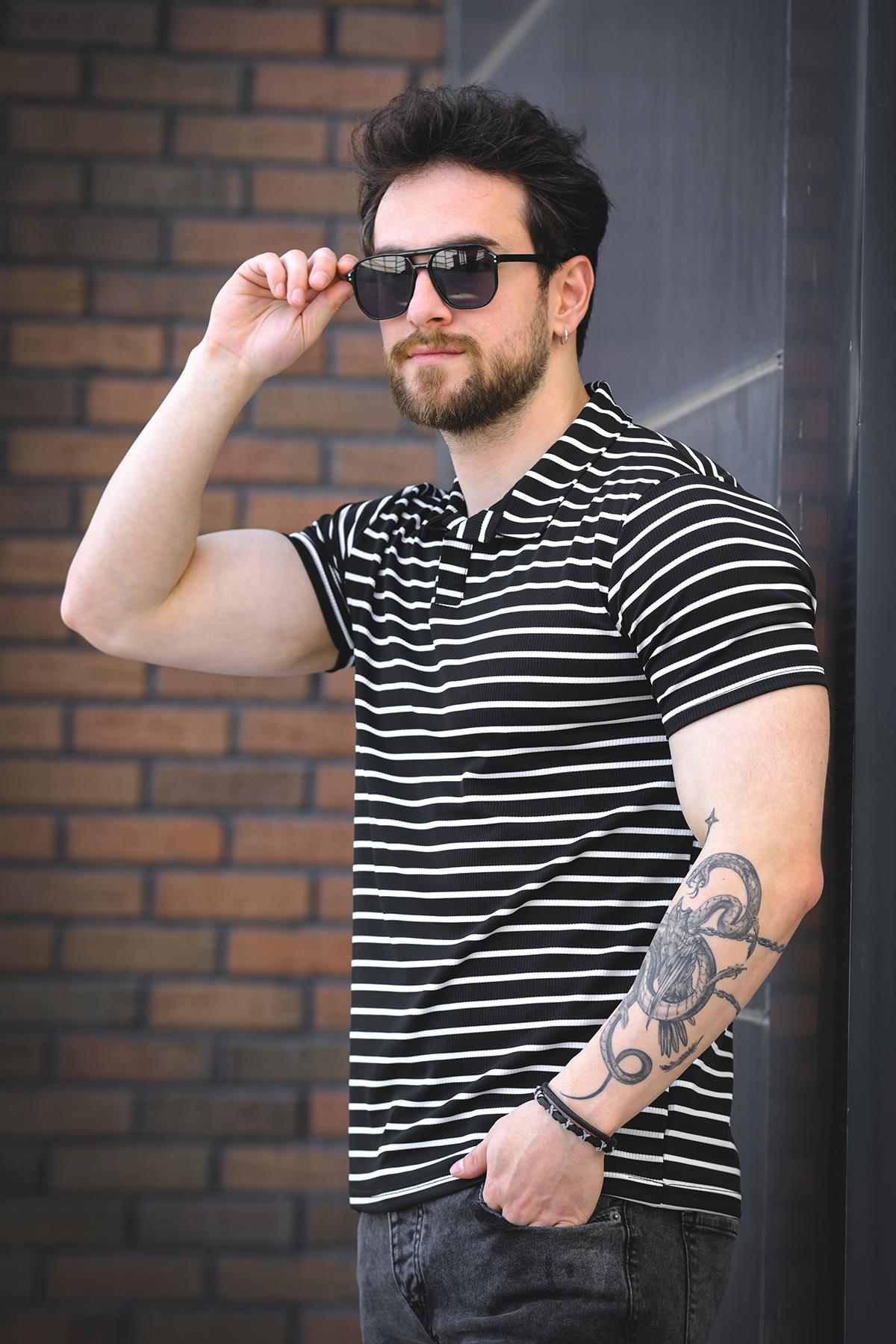 Ht 947008 Slim Fit Likralı Yarım Pat Çizgili Polo Yaka Erkek Tshirt