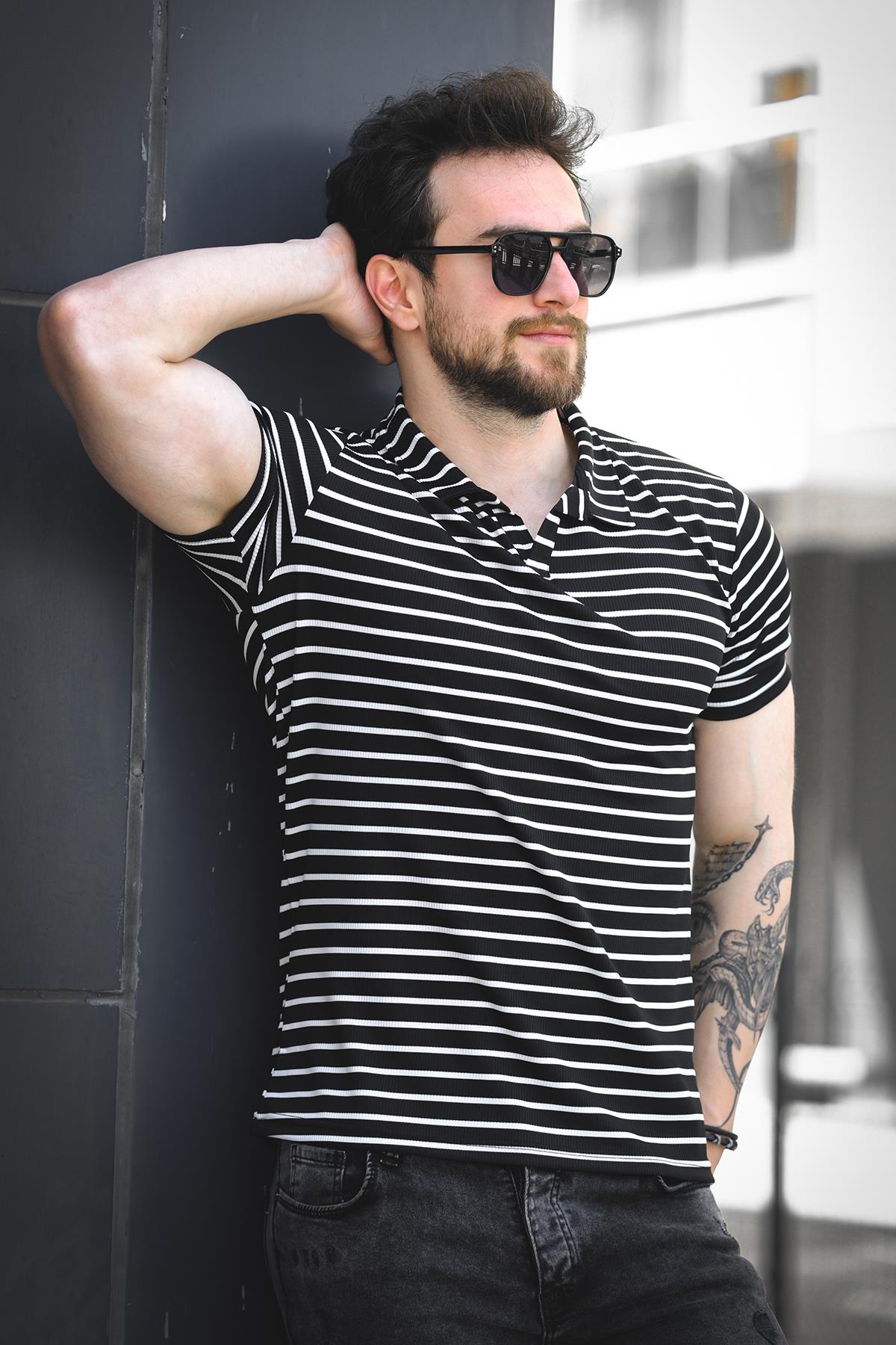 Ht 947008 Slim Fit Likralı Yarım Pat Çizgili Polo Yaka Erkek Tshirt