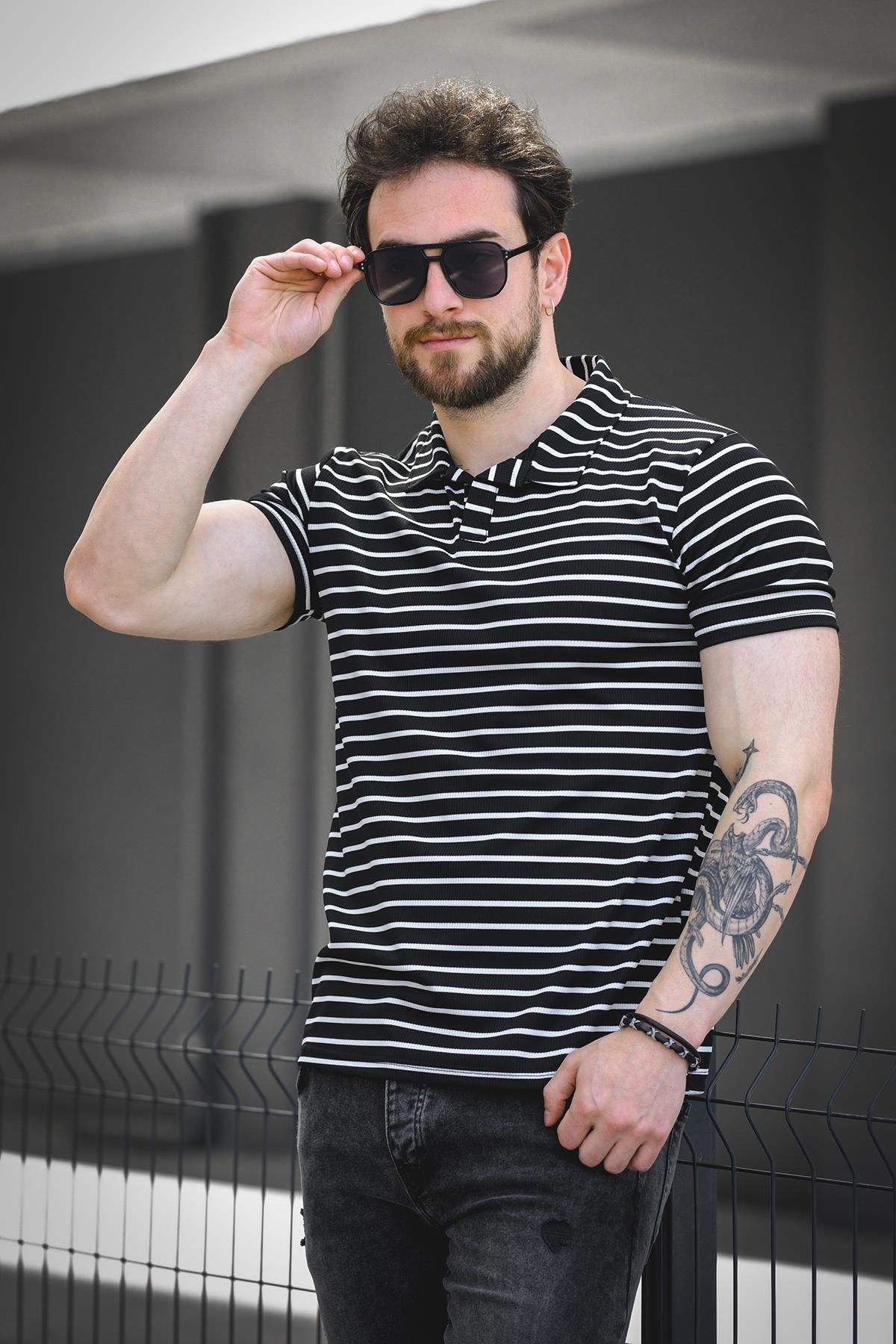 Ht 947008 Slim Fit Likralı Yarım Pat Çizgili Polo Yaka Erkek Tshirt