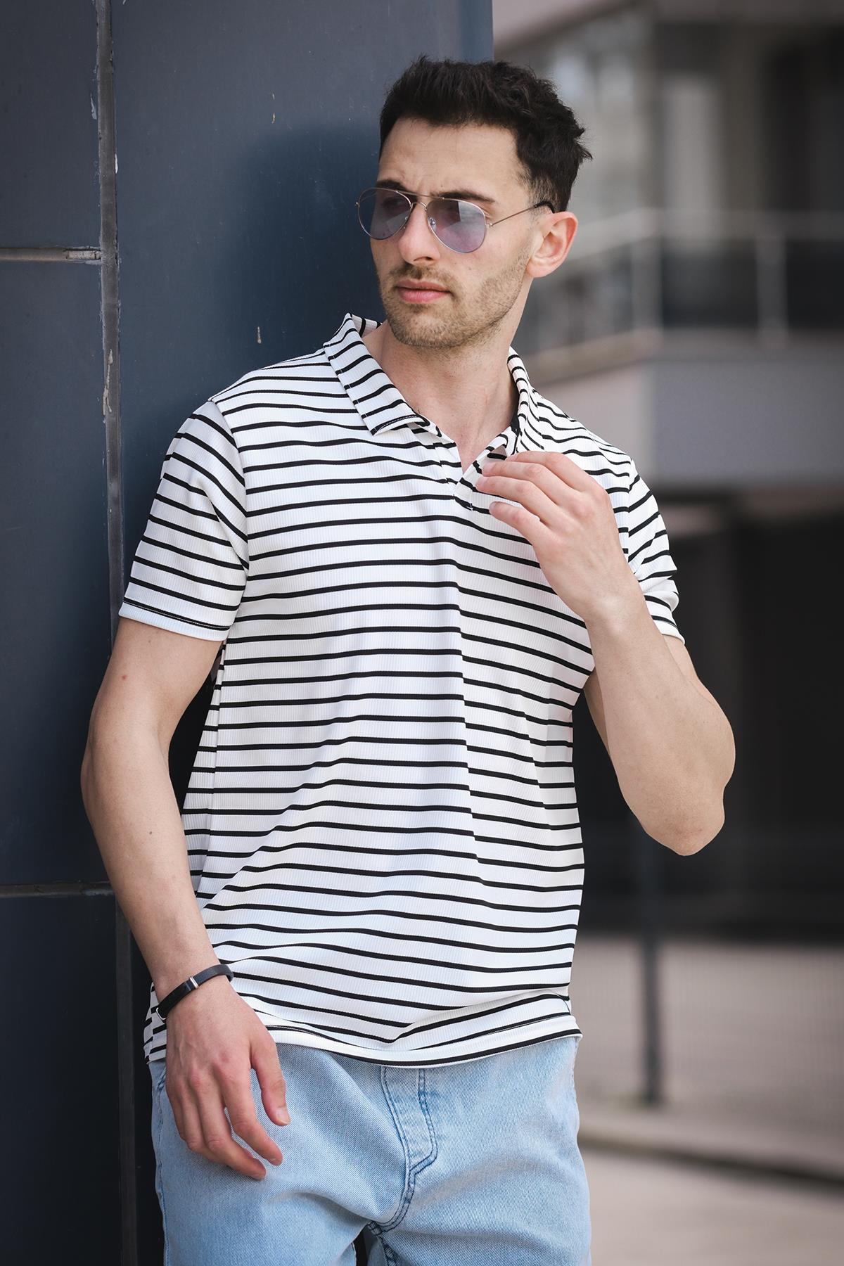 Ht 947008 Slim Fit Likralı Yarım Pat Çizgili Polo Yaka Erkek Tshirt