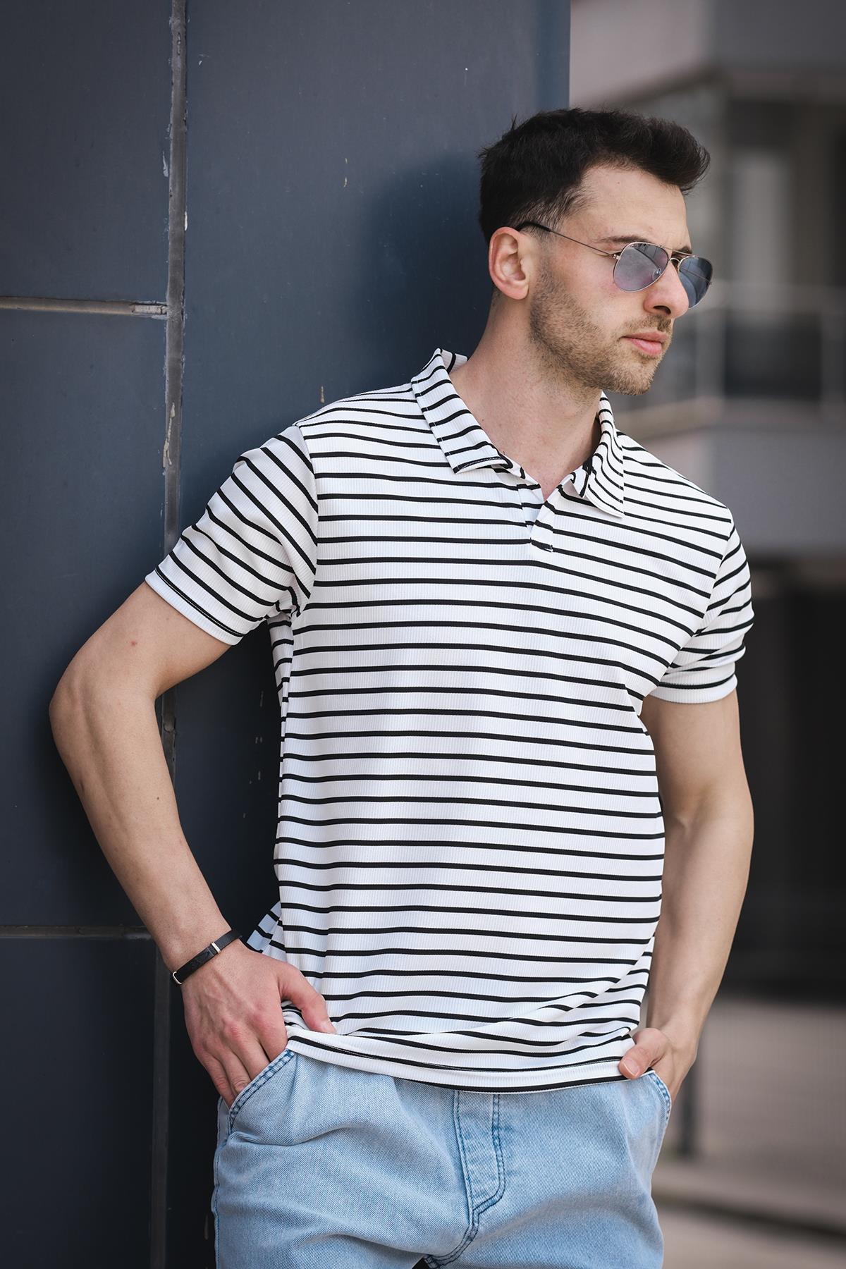 Ht 947008 Slim Fit Likralı Yarım Pat Çizgili Polo Yaka Erkek Tshirt