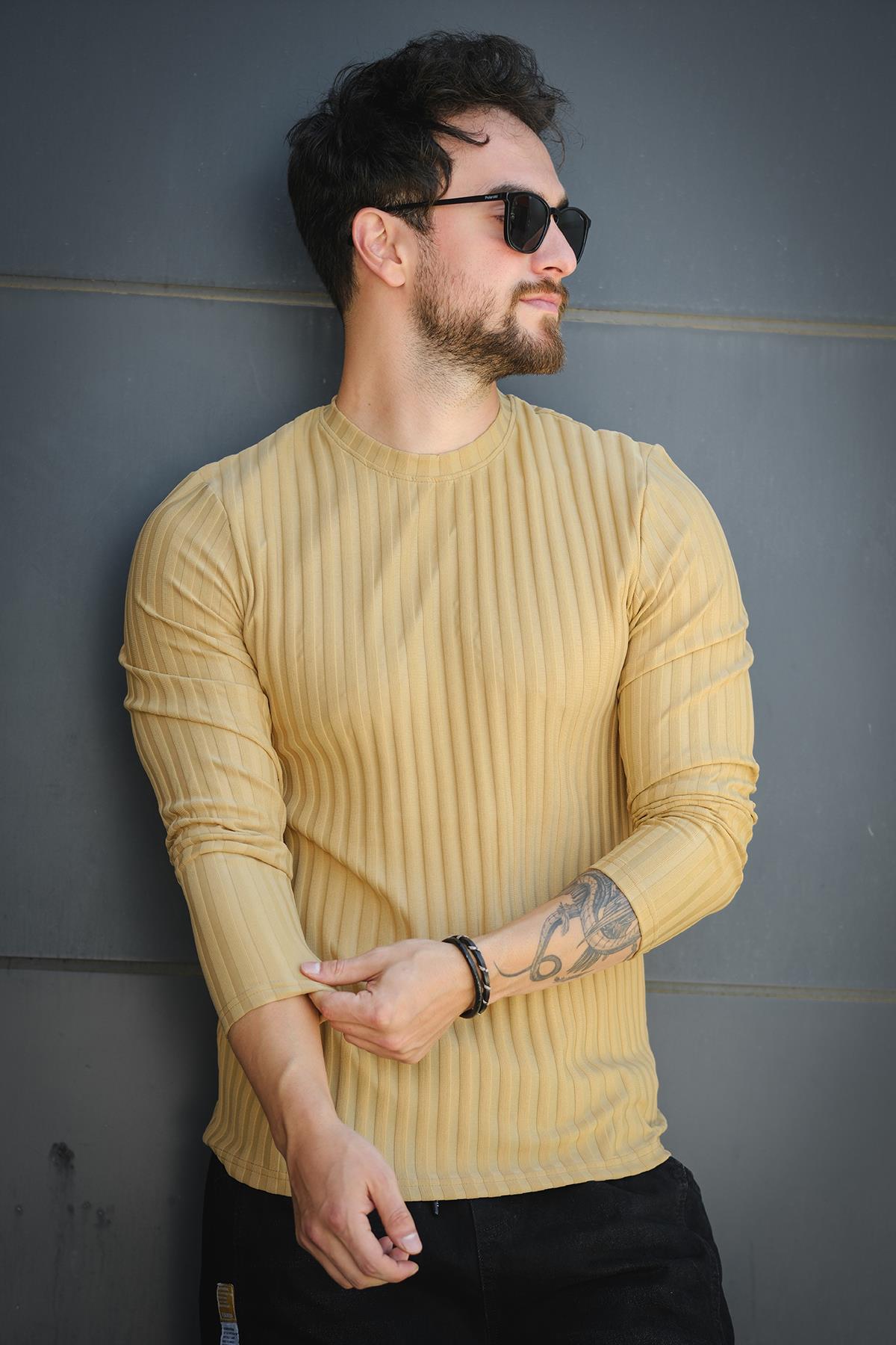 Jordao Fitilli Slim Fit Likralı Bisiklet Yaka Erkek Uzun Kol Tshirt