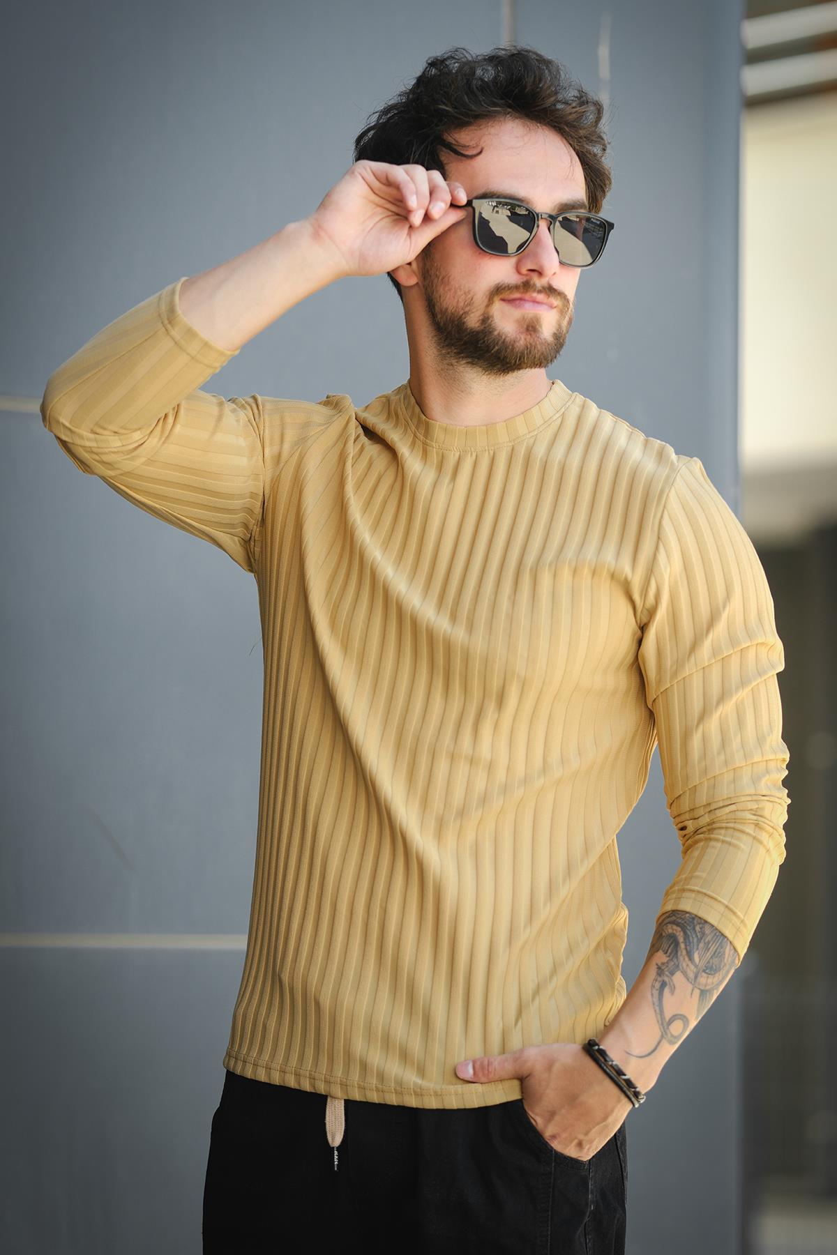 Jordao Fitilli Slim Fit Likralı Bisiklet Yaka Erkek Uzun Kol Tshirt