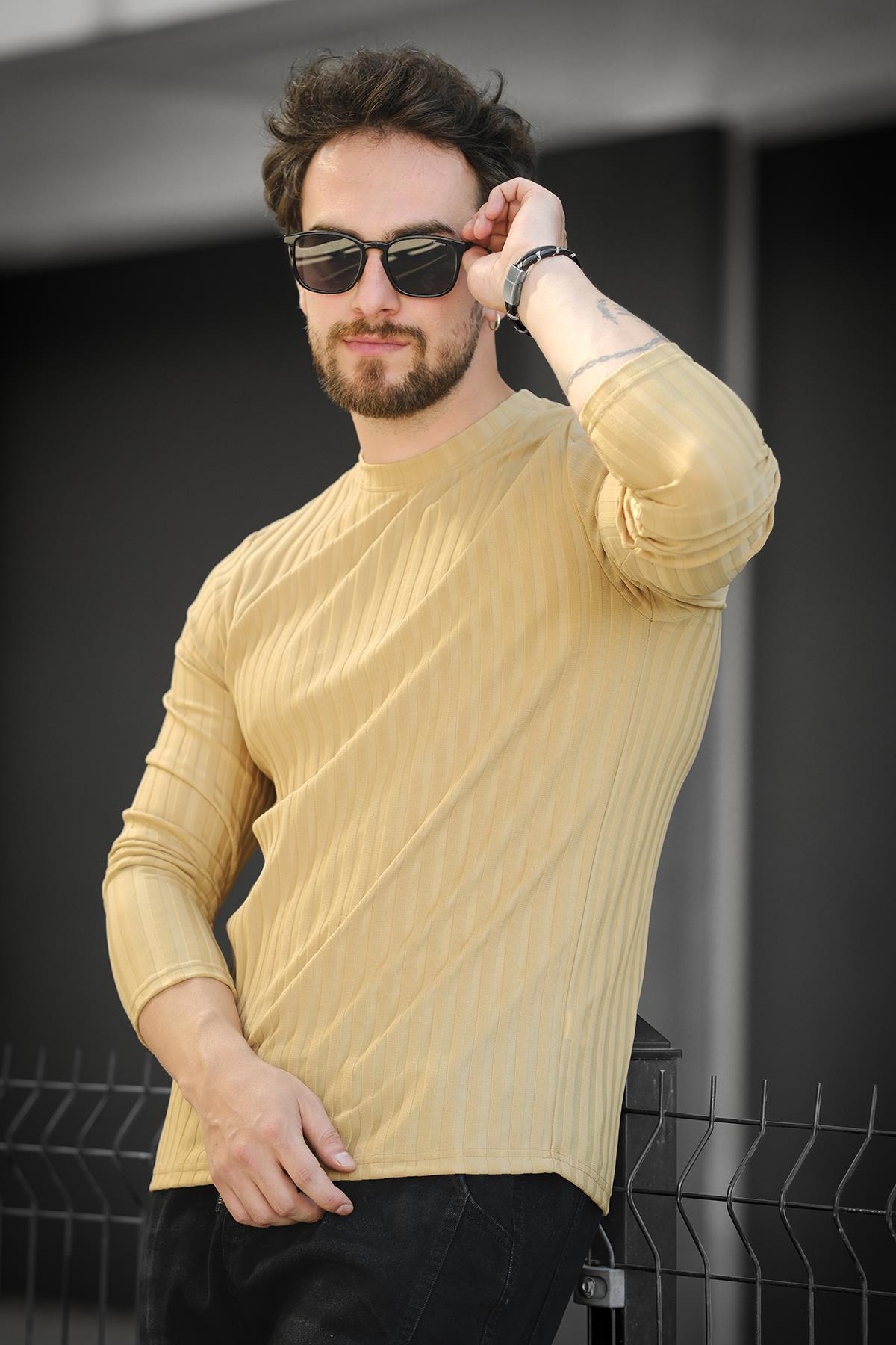 Jordao Fitilli Slim Fit Likralı Bisiklet Yaka Erkek Uzun Kol Tshirt