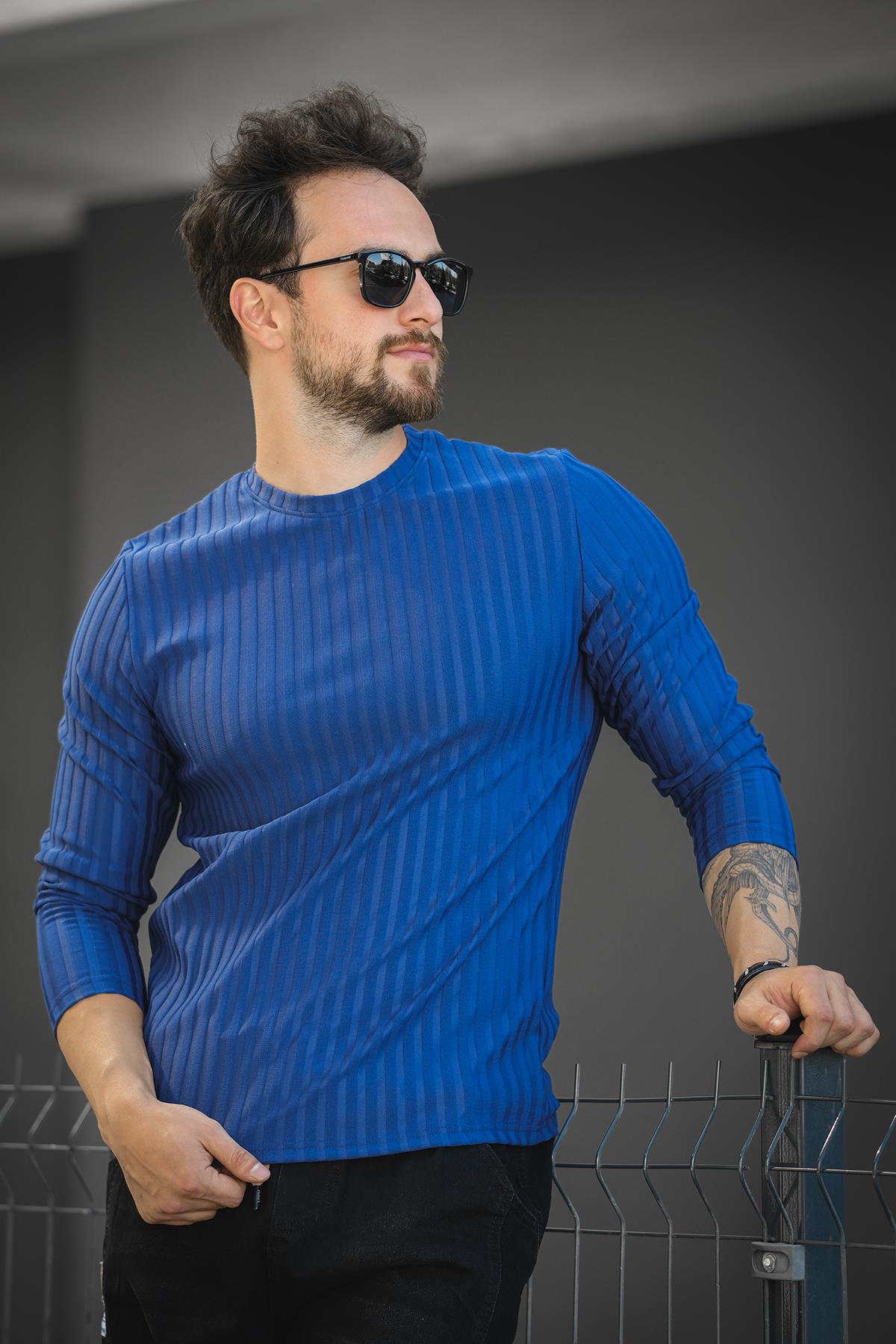 Jordao Fitilli Slim Fit Likralı Bisiklet Yaka Erkek Uzun Kol Tshirt