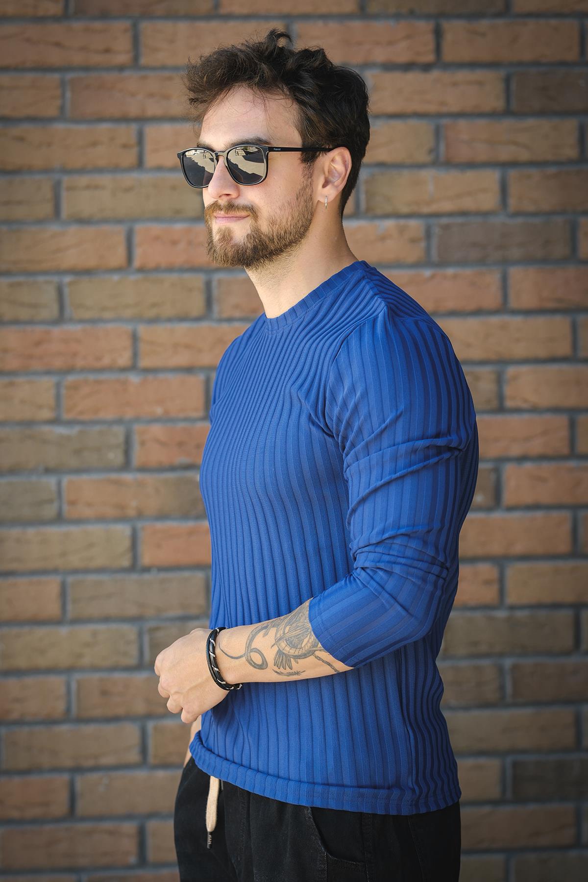 Jordao Fitilli Slim Fit Likralı Bisiklet Yaka Erkek Uzun Kol Tshirt