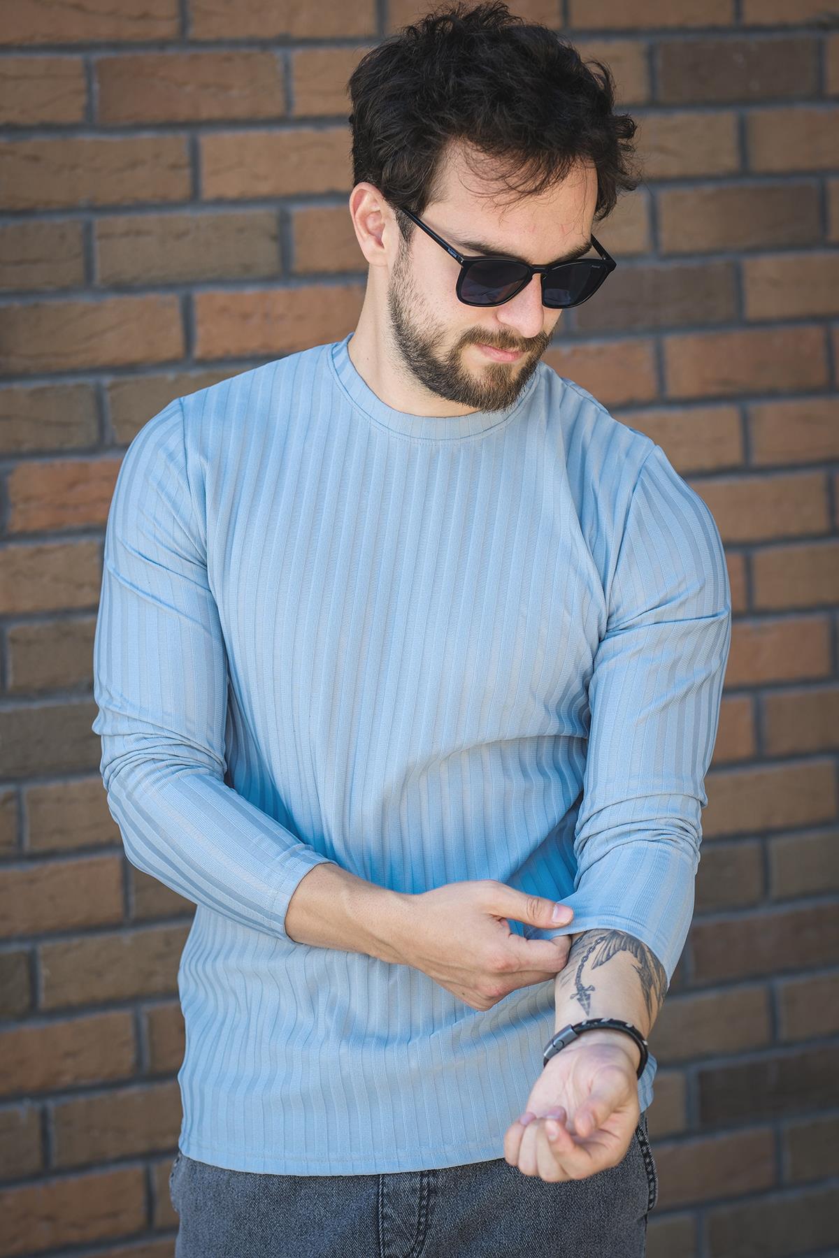 Jordao Fitilli Slim Fit Likralı Bisiklet Yaka Erkek Uzun Kol Tshirt
