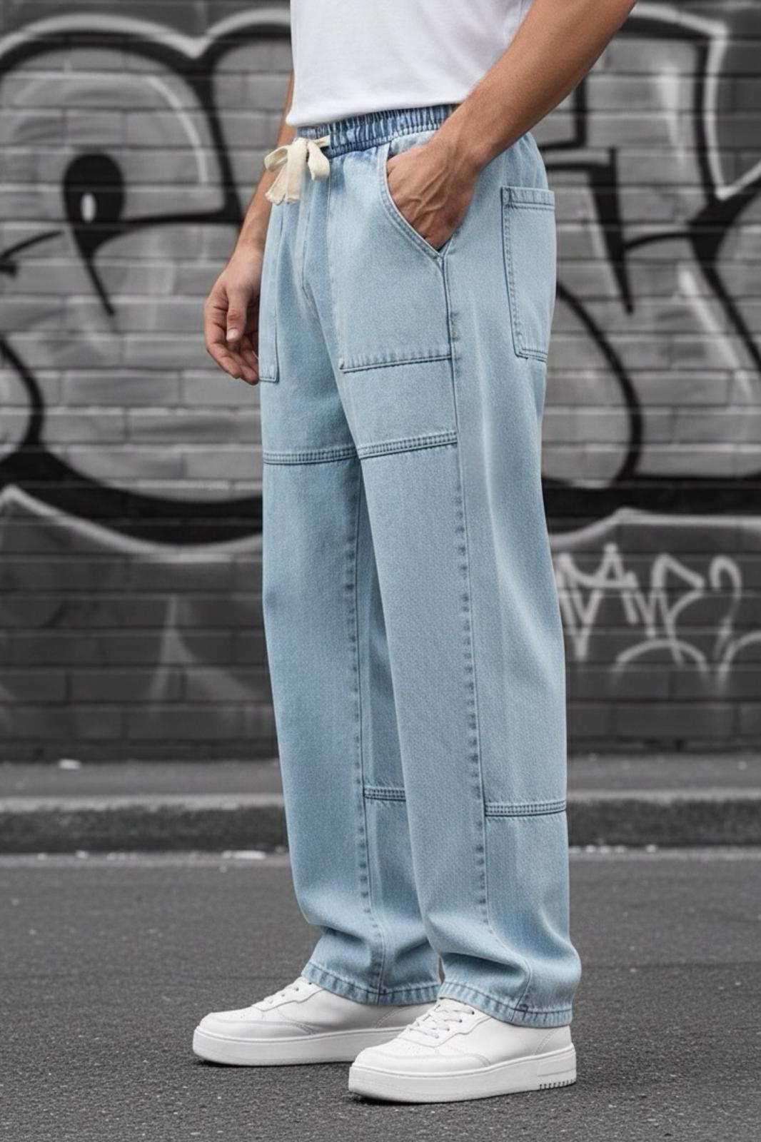 Kare Cep Beli Lastikli İpli Düz Paça Rahat Kesim Erkek Jean Pantolon