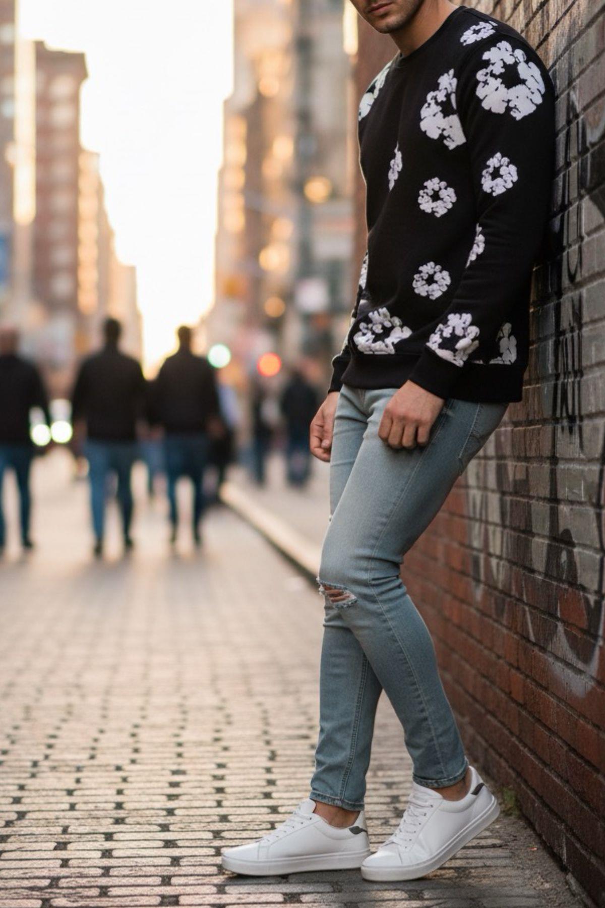 Karly İki İplik Çiçek Baskılı Bisiklet Yaka Slim Fit Unisex Sweatshirt