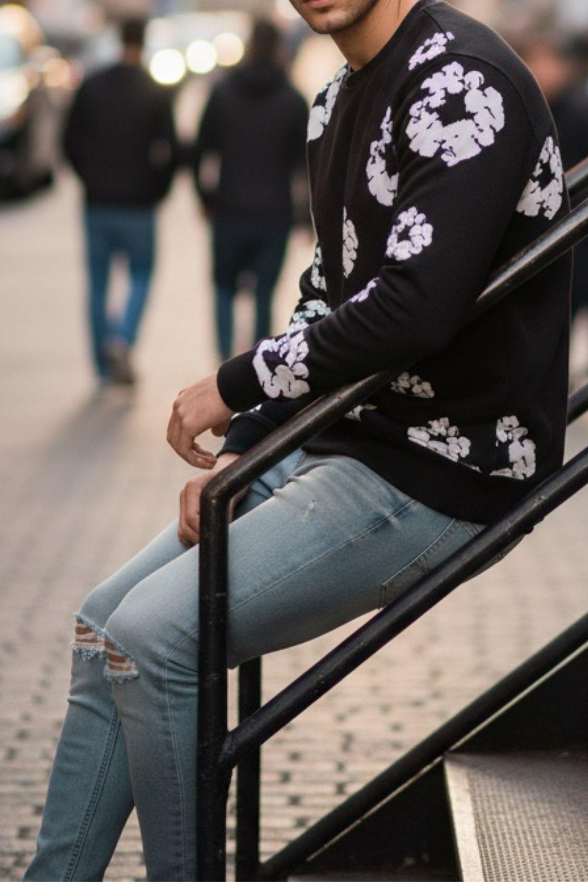 Karly İki İplik Çiçek Baskılı Bisiklet Yaka Slim Fit Unisex Sweatshirt