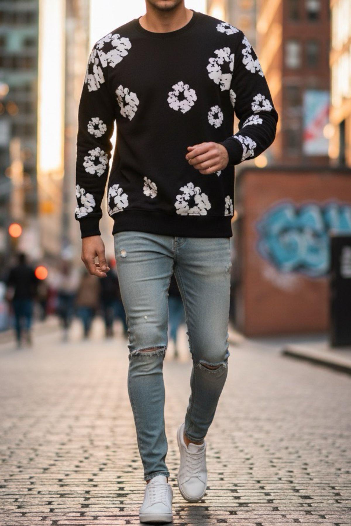 Karly İki İplik Çiçek Baskılı Bisiklet Yaka Slim Fit Unisex Sweatshirt