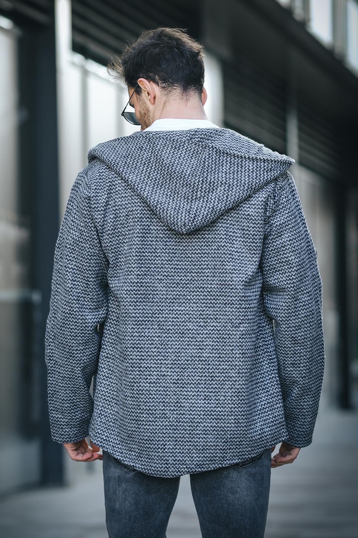 Kenny Geometrik Desenli Kapüşonlu Erkek Panço Triko Hırka