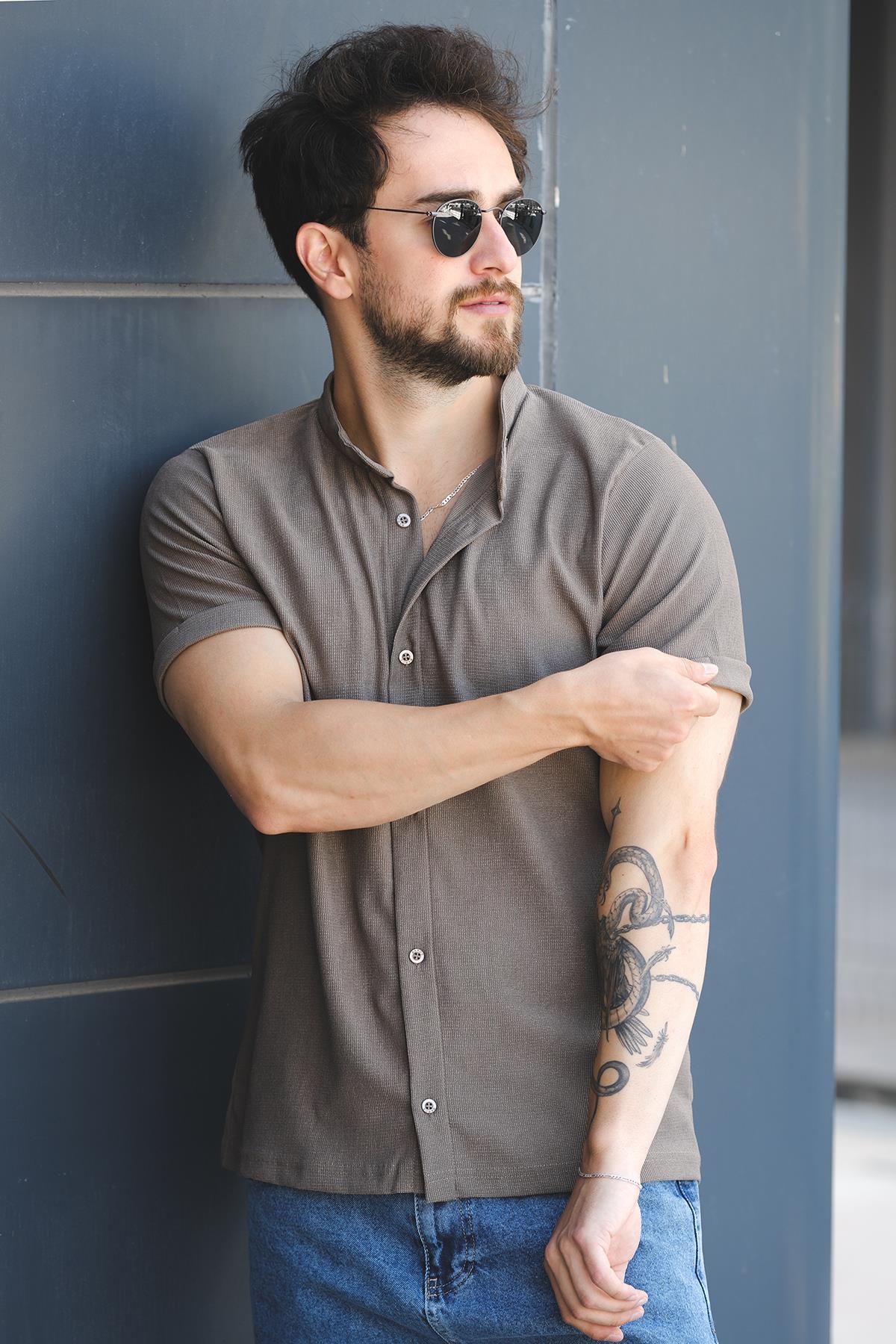 Laend Slim Fit Esnek Likralı Kısa Kol Hakim Yaka Erkek Gömlek