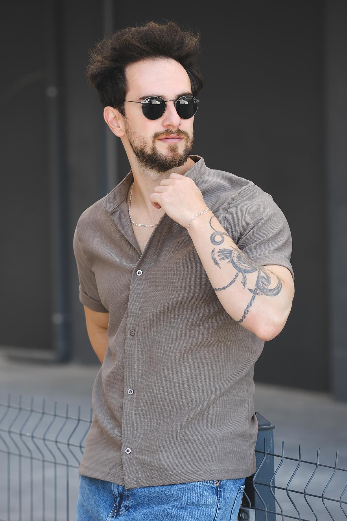 Laend Slim Fit Esnek Likralı Kısa Kol Hakim Yaka Erkek Gömlek