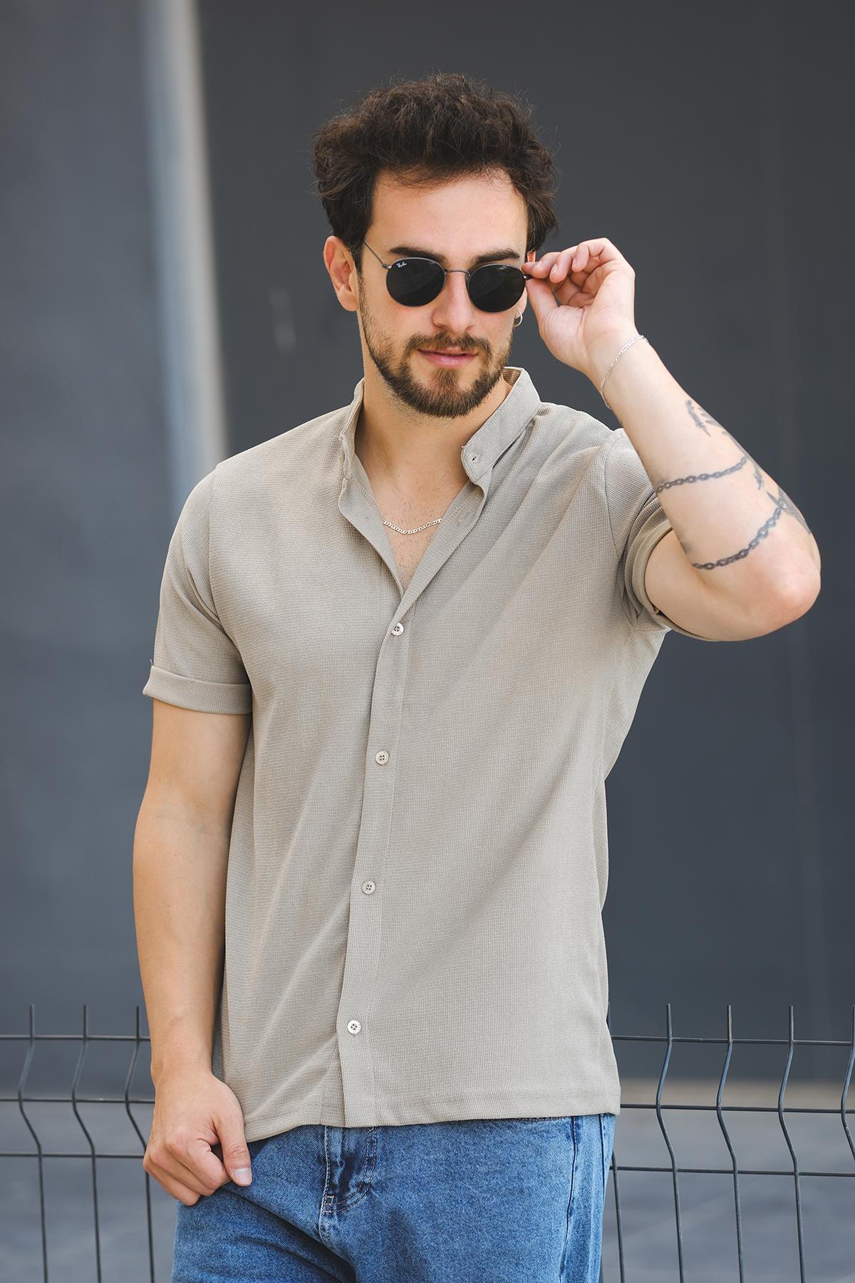 Laend Slim Fit Esnek Likralı Kısa Kol Hakim Yaka Erkek Gömlek