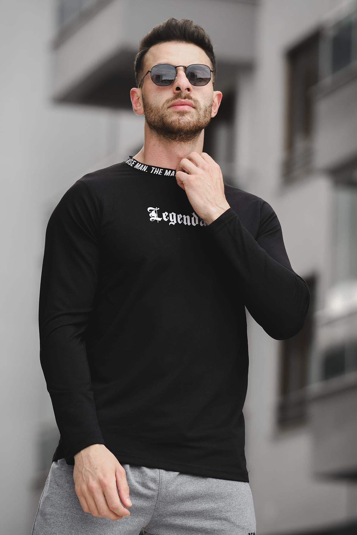 Legend Yakası Baskılı Slim Fit Likralı Sıfır Yaka Erkek Sweatshirt