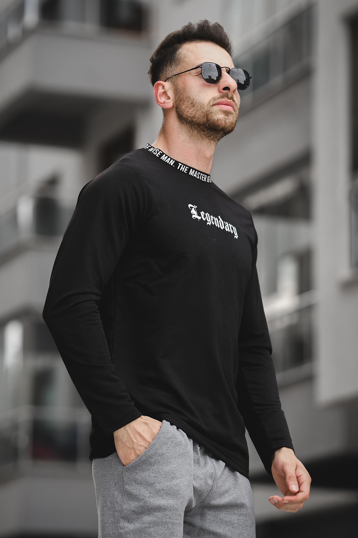 Legend Yakası Baskılı Slim Fit Likralı Sıfır Yaka Erkek Sweatshirt