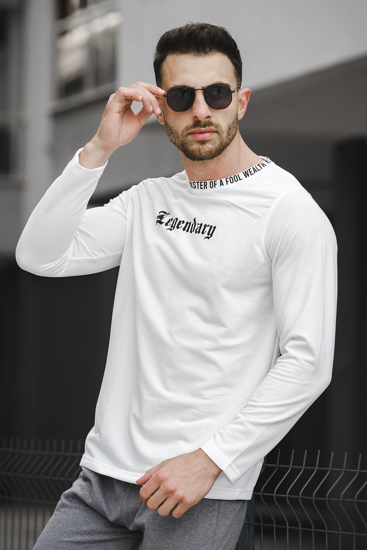 Legend Yakası Baskılı Slim Fit Likralı Sıfır Yaka Erkek Sweatshirt