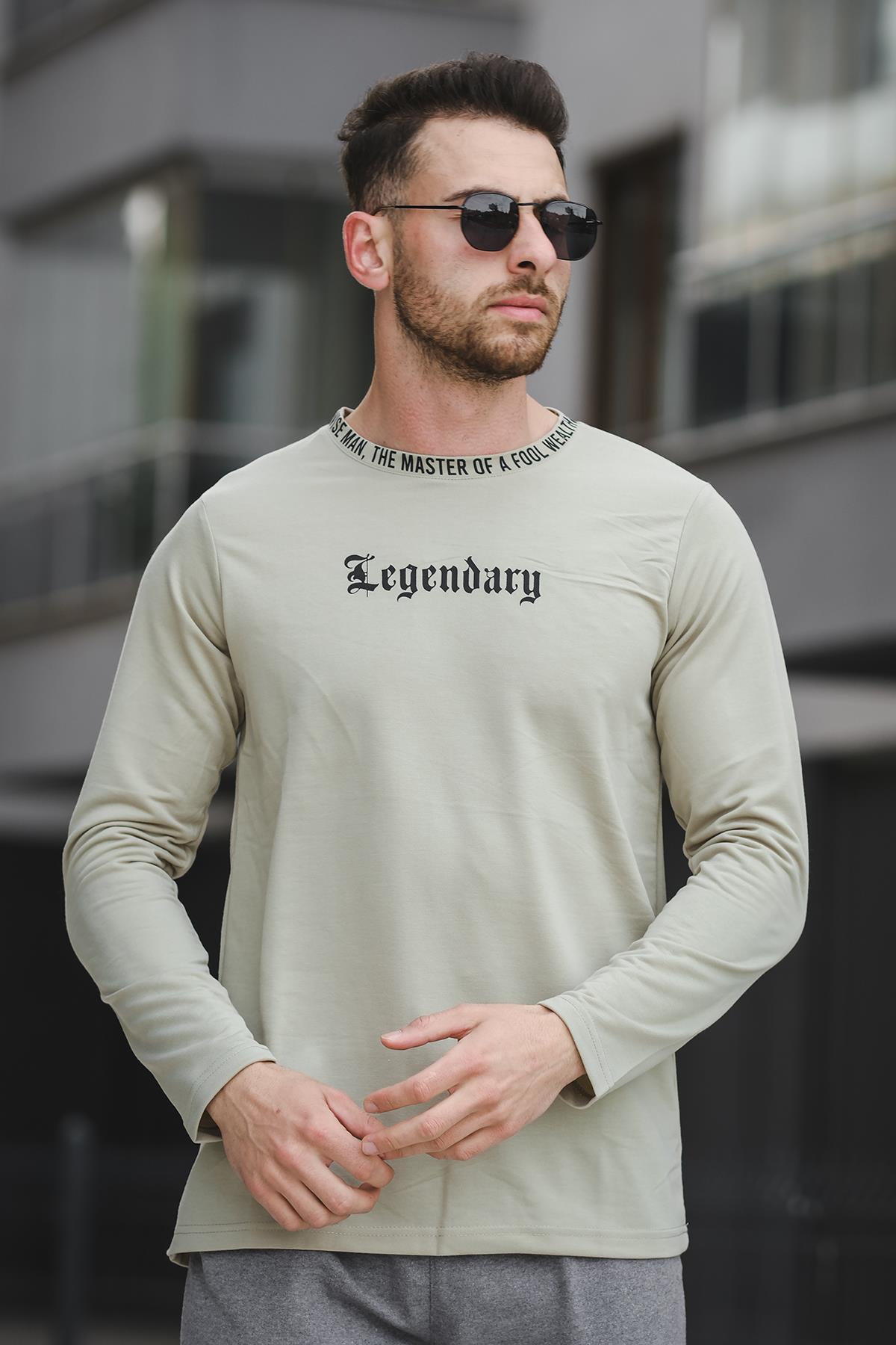Legend Yakası Baskılı Slim Fit Likralı Sıfır Yaka Erkek Sweatshirt