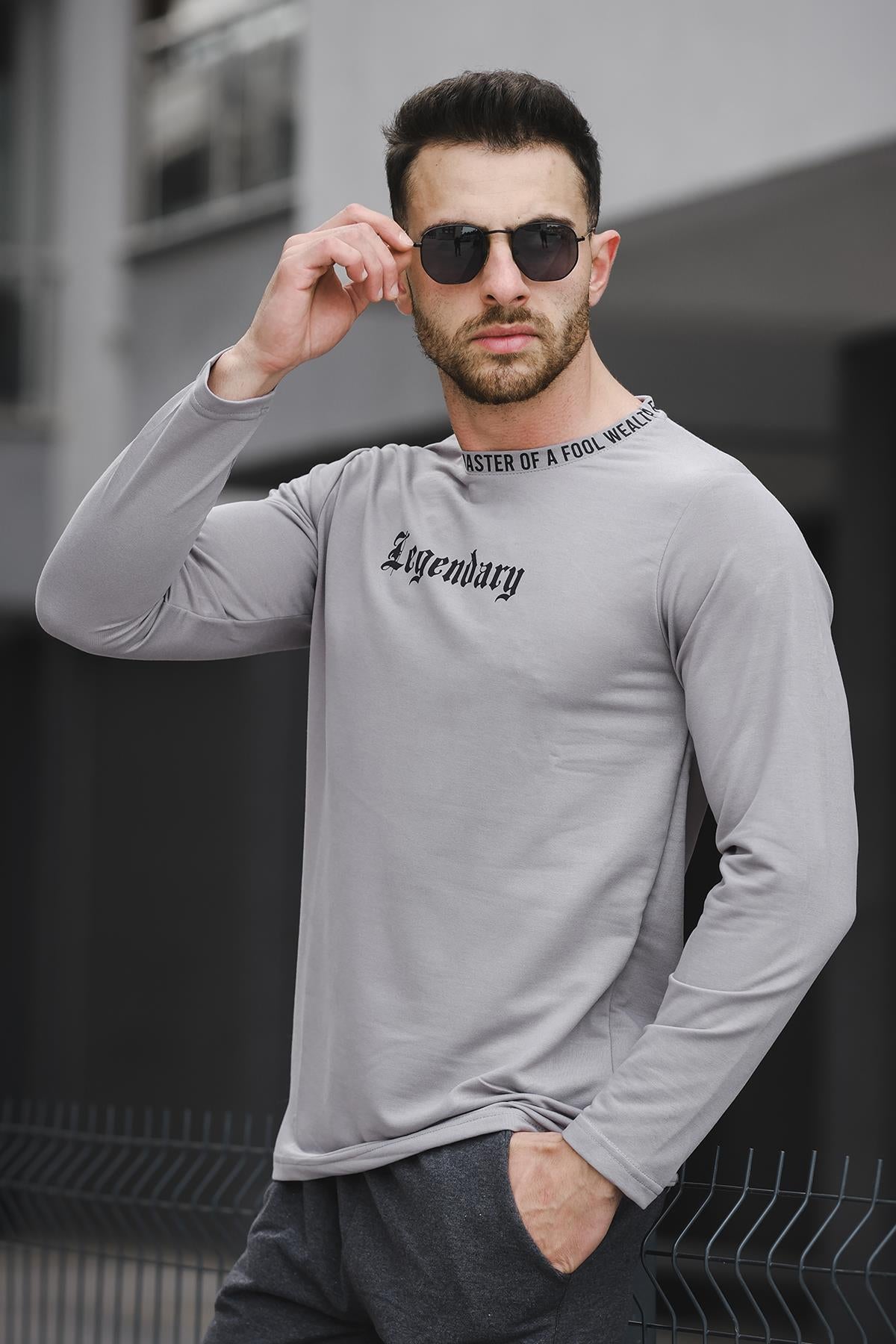 Legend Yakası Baskılı Slim Fit Likralı Sıfır Yaka Erkek Sweatshirt