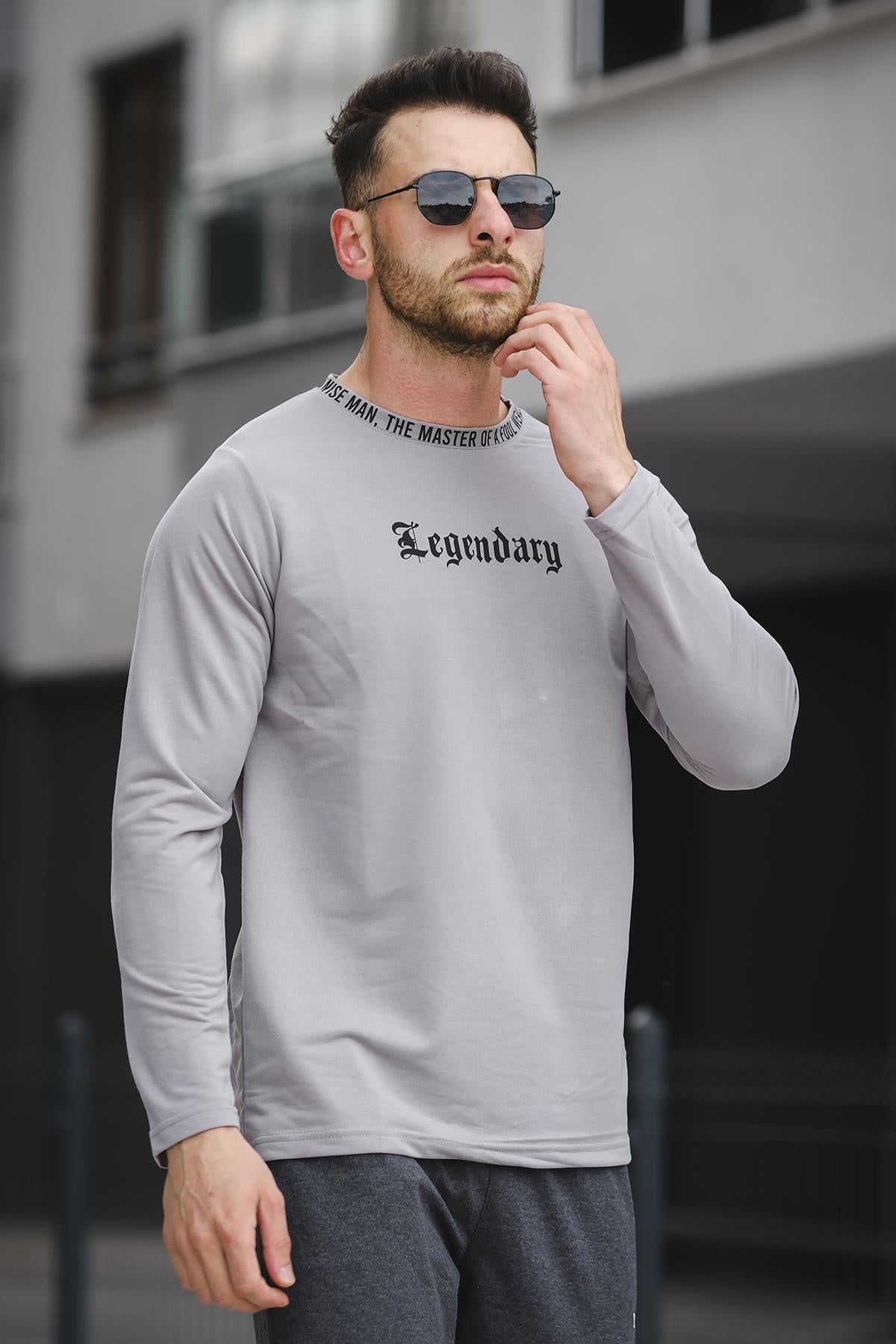 Legend Yakası Baskılı Slim Fit Likralı Sıfır Yaka Erkek Sweatshirt