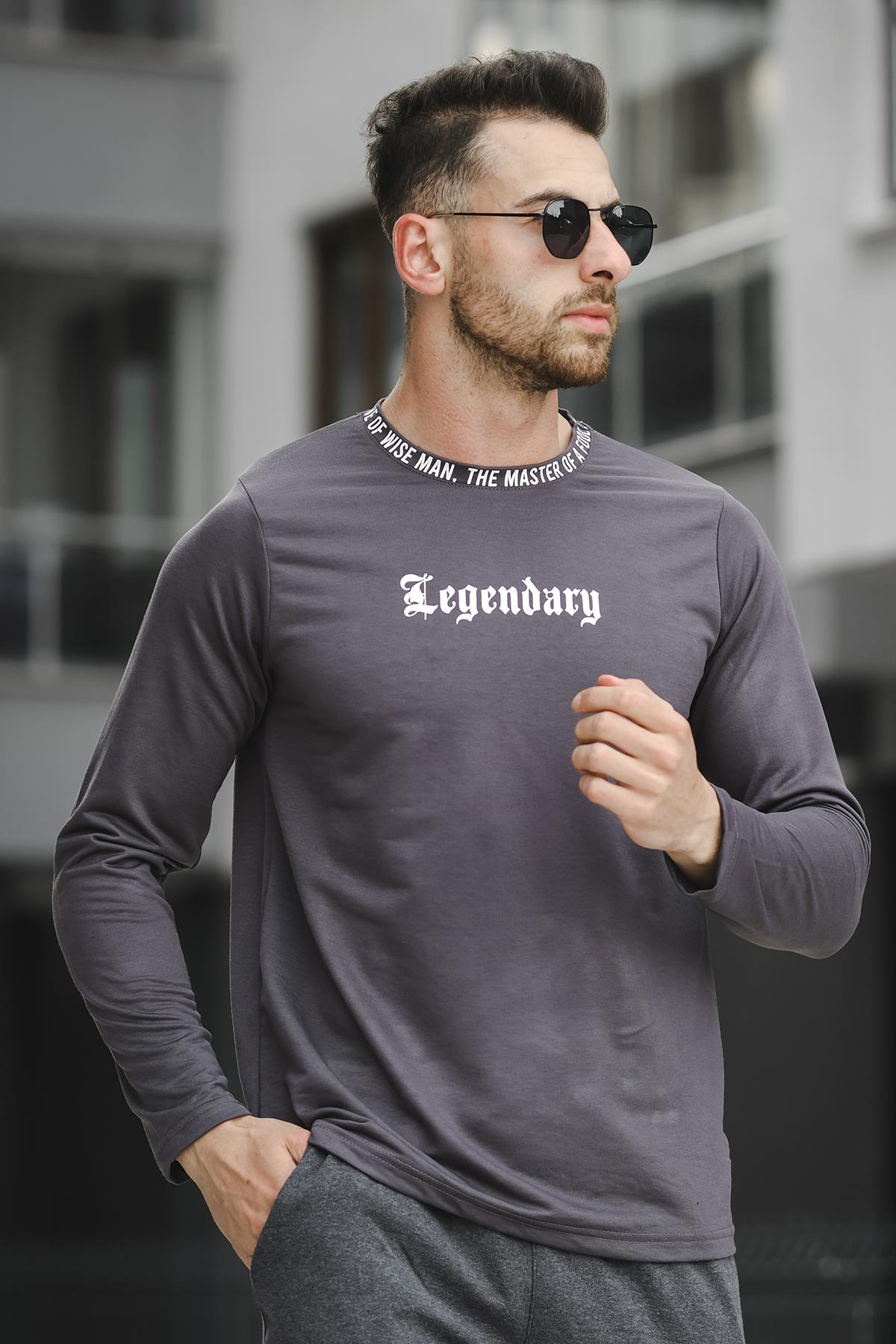 Legend Yakası Baskılı Slim Fit Likralı Sıfır Yaka Erkek Sweatshirt