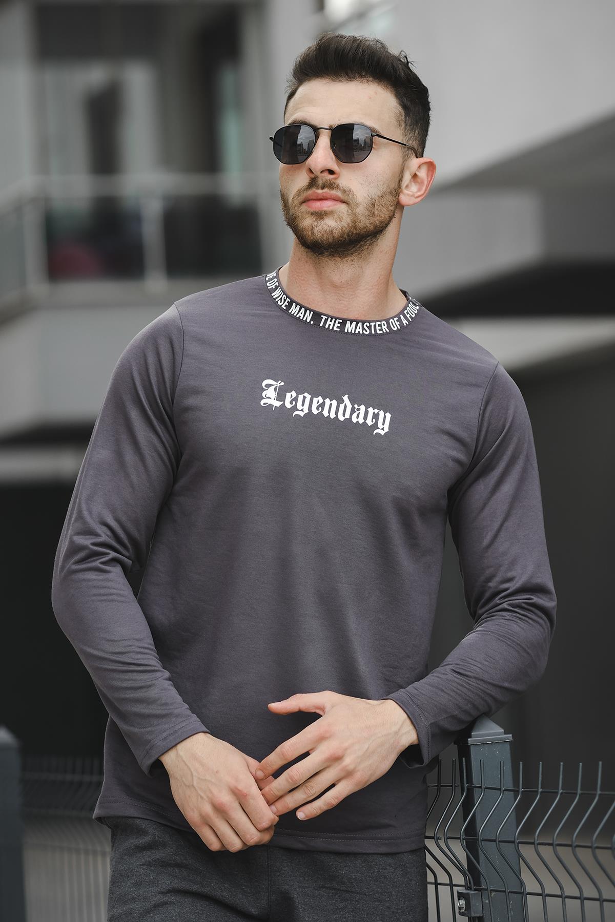Legend Yakası Baskılı Slim Fit Likralı Sıfır Yaka Erkek Sweatshirt