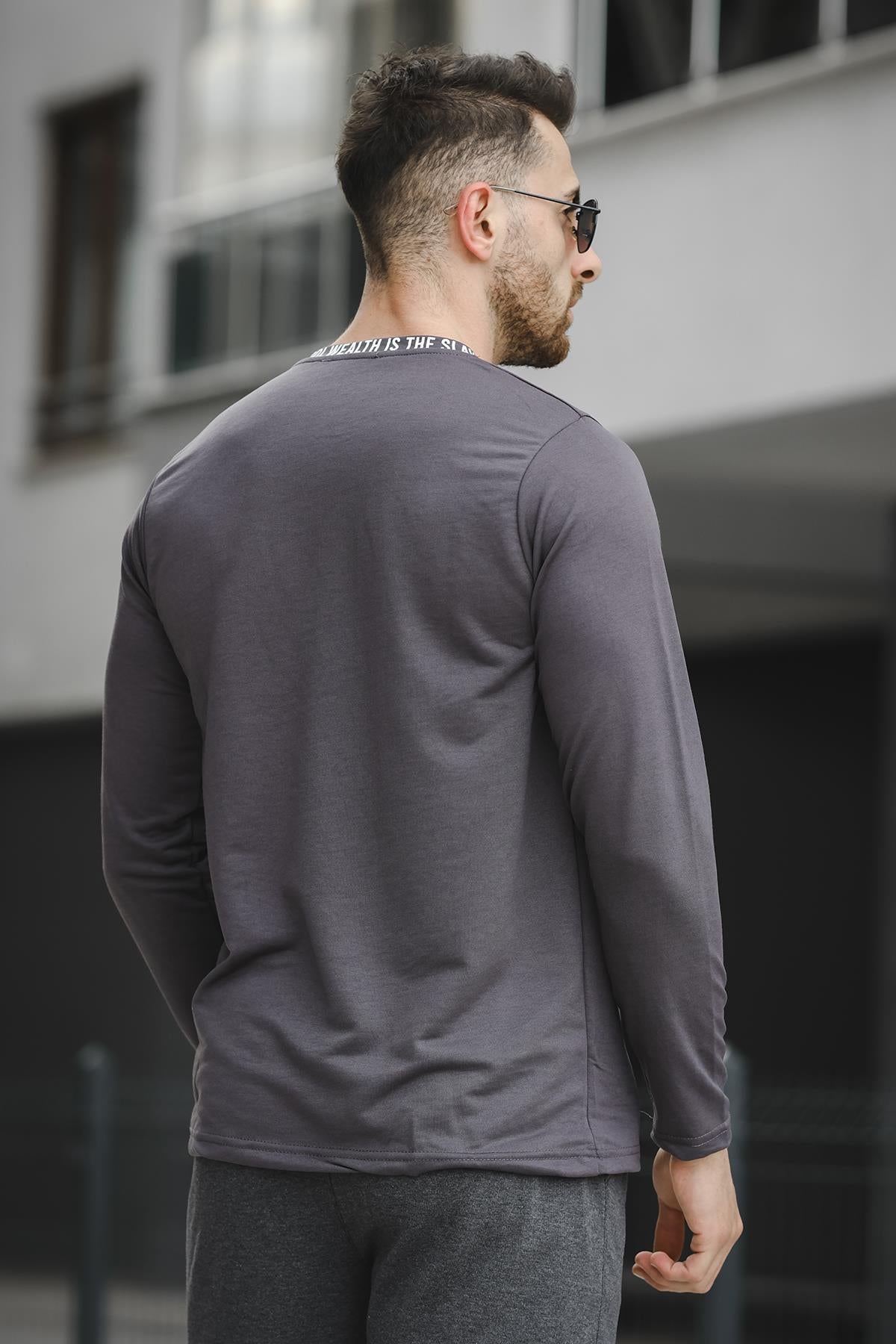 Legend Yakası Baskılı Slim Fit Likralı Sıfır Yaka Erkek Sweatshirt