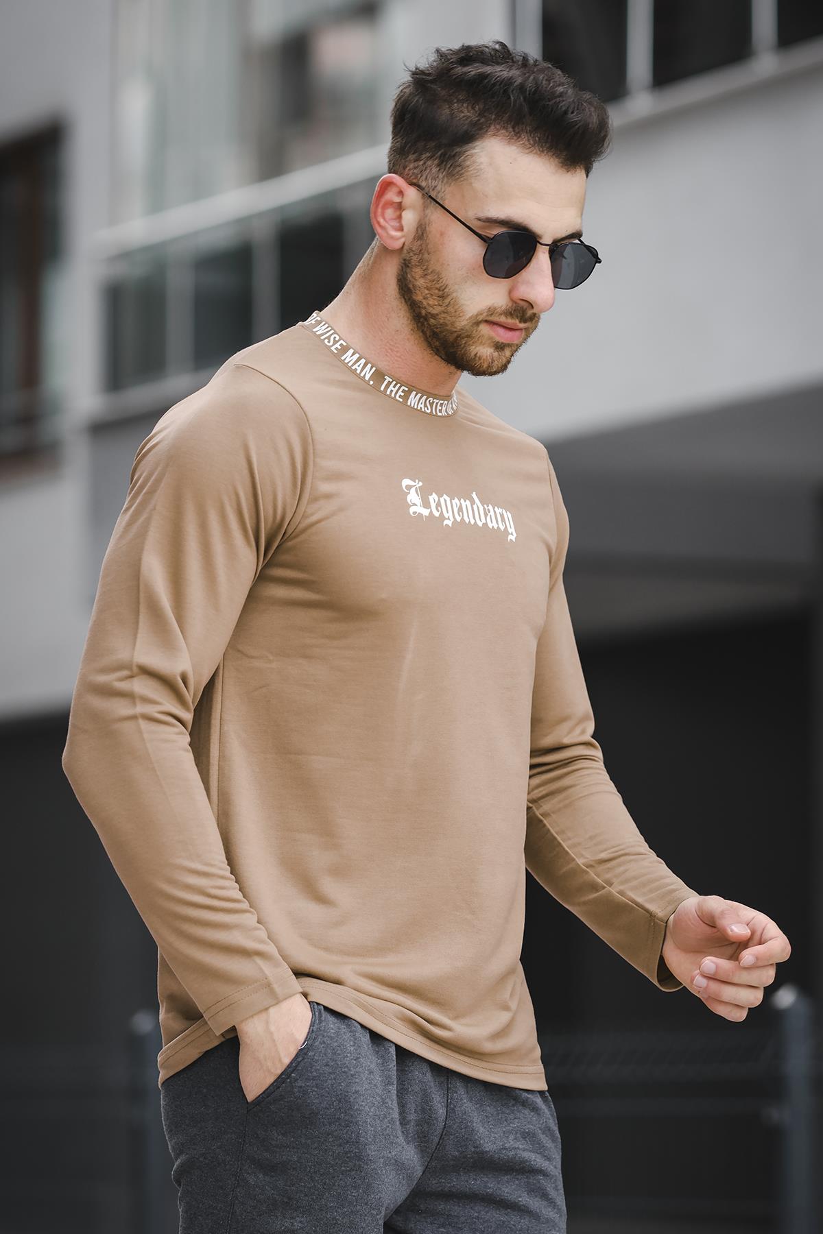Legend Yakası Baskılı Slim Fit Likralı Sıfır Yaka Erkek Sweatshirt