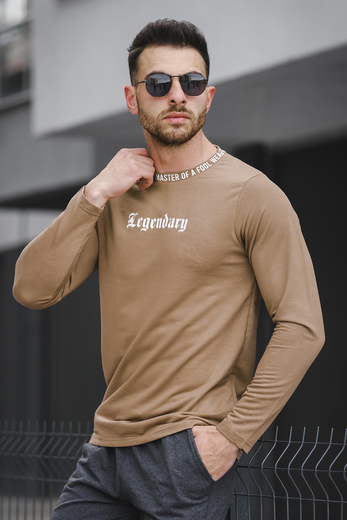 Legend Yakası Baskılı Slim Fit Likralı Sıfır Yaka Erkek Sweatshirt
