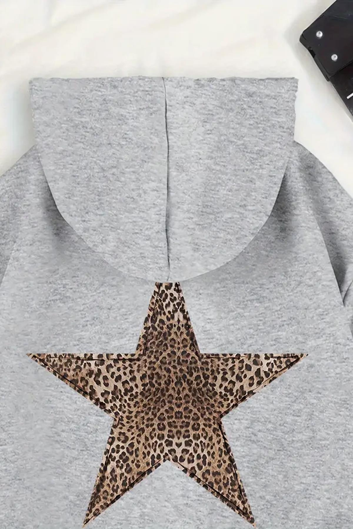 Leopar Stars Sırt Yıldız Baskılı İçi Pamuklu Unisex Sweatshirt