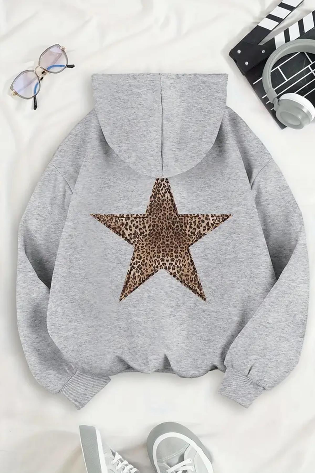 Leopar Stars Sırt Yıldız Baskılı İçi Pamuklu Unisex Sweatshirt