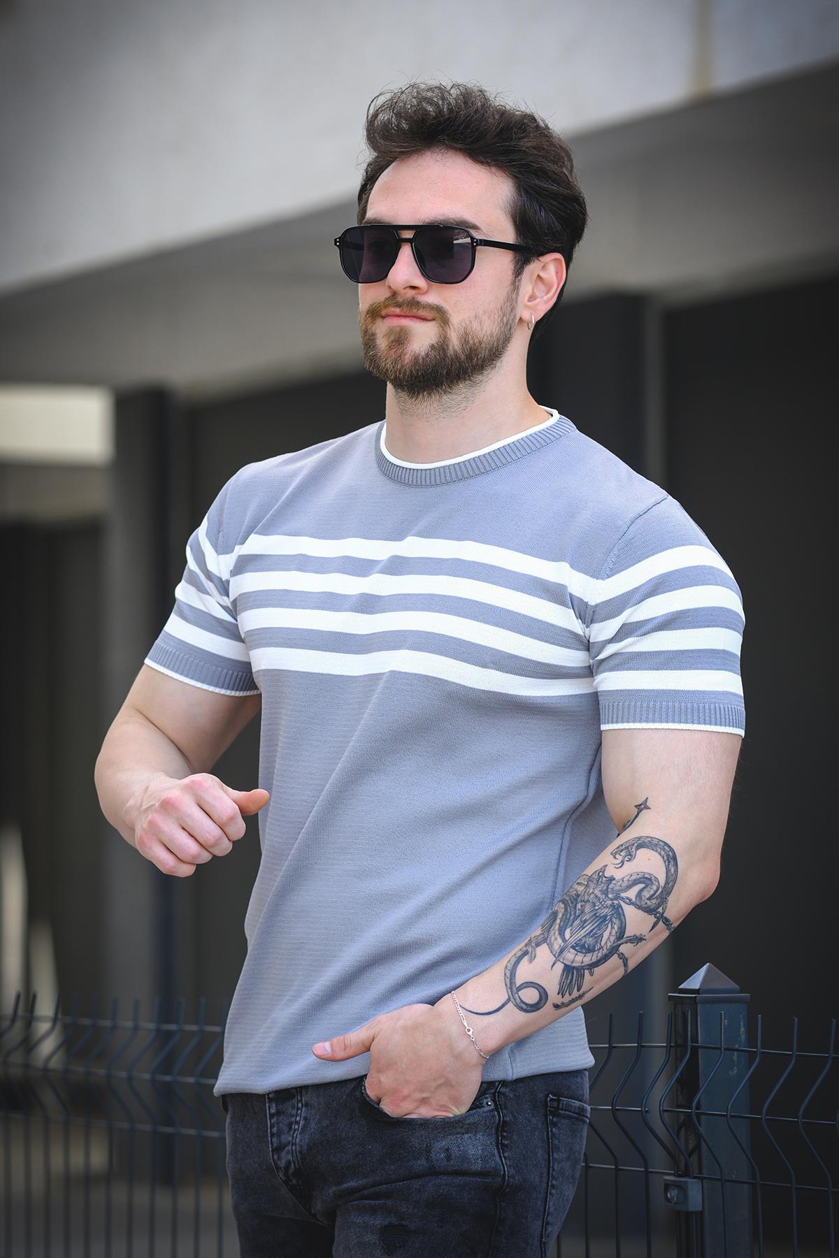 Liam Çizgili Likralı Slim Fit Bisiklet Yaka Örme Erkek Triko Tshirt