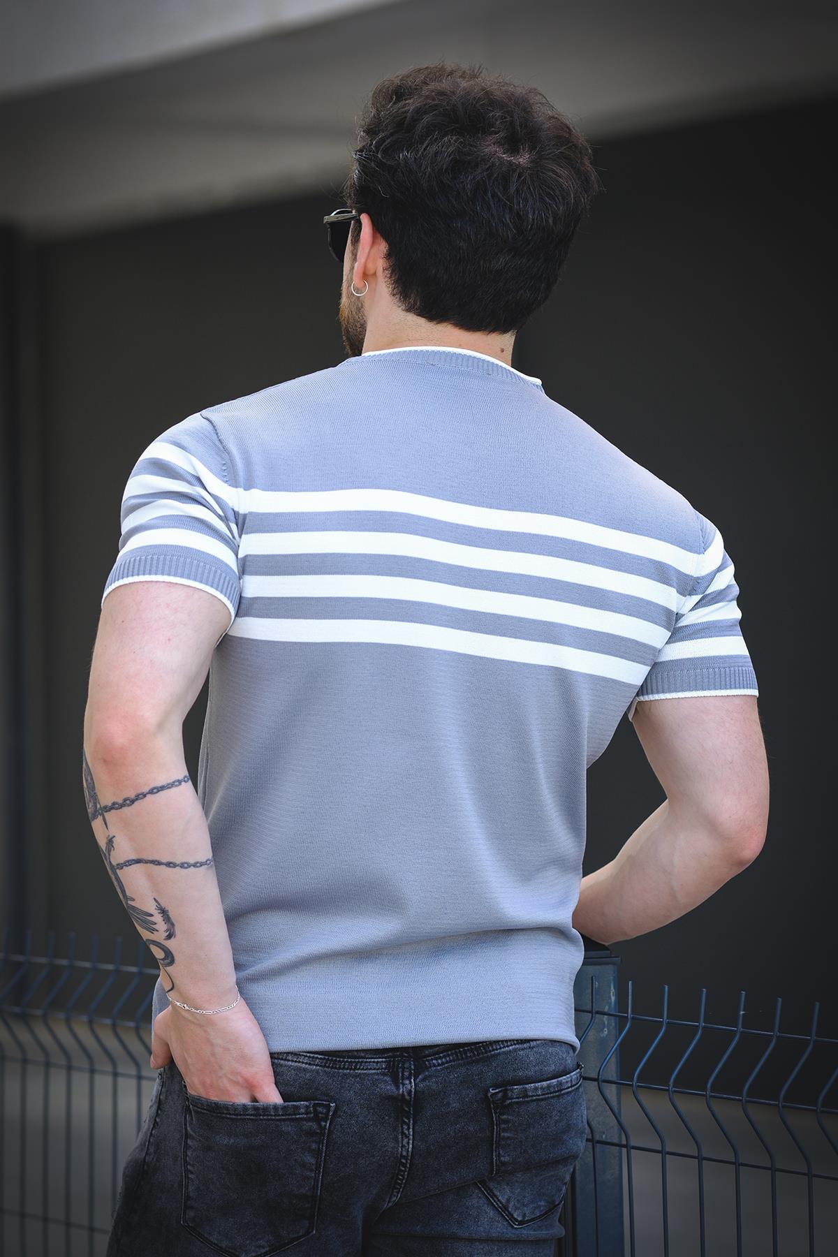 Liam Çizgili Likralı Slim Fit Bisiklet Yaka Örme Erkek Triko Tshirt