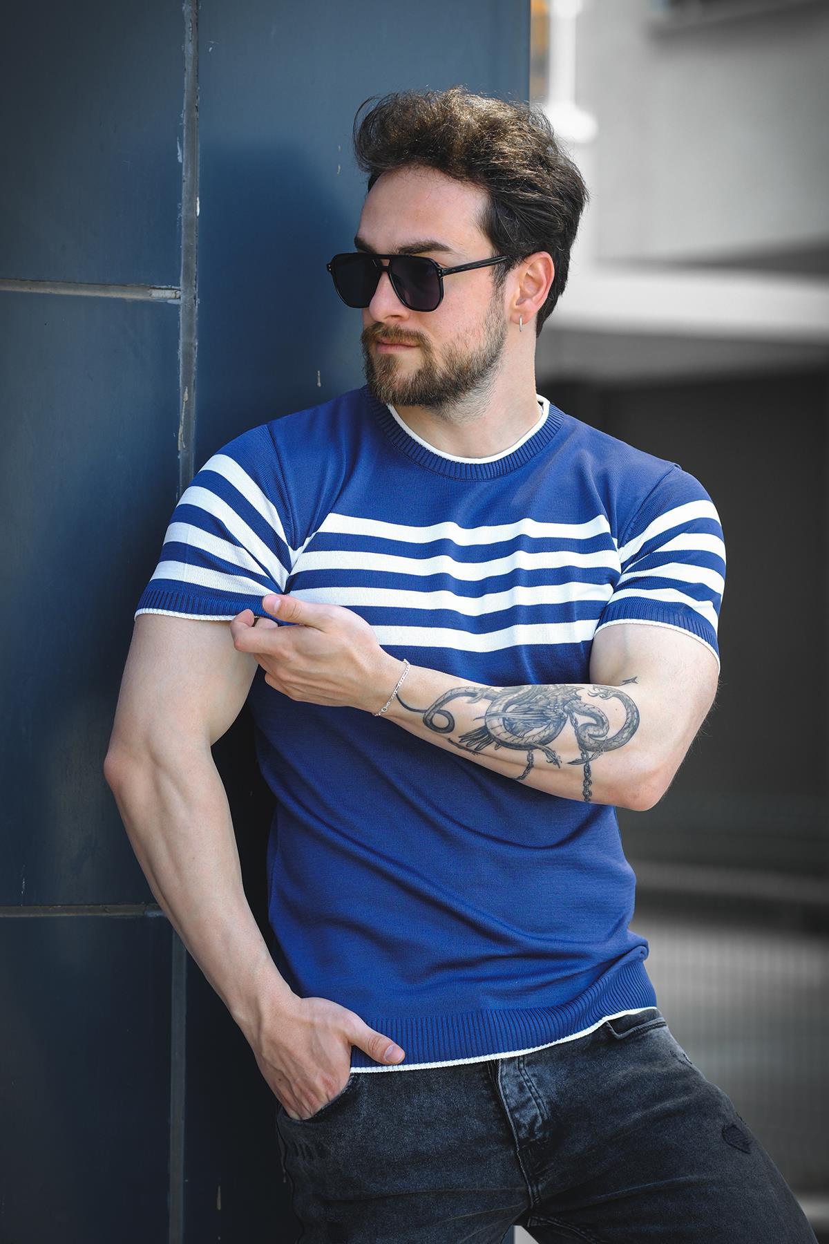 Liam Çizgili Likralı Slim Fit Bisiklet Yaka Örme Erkek Triko Tshirt