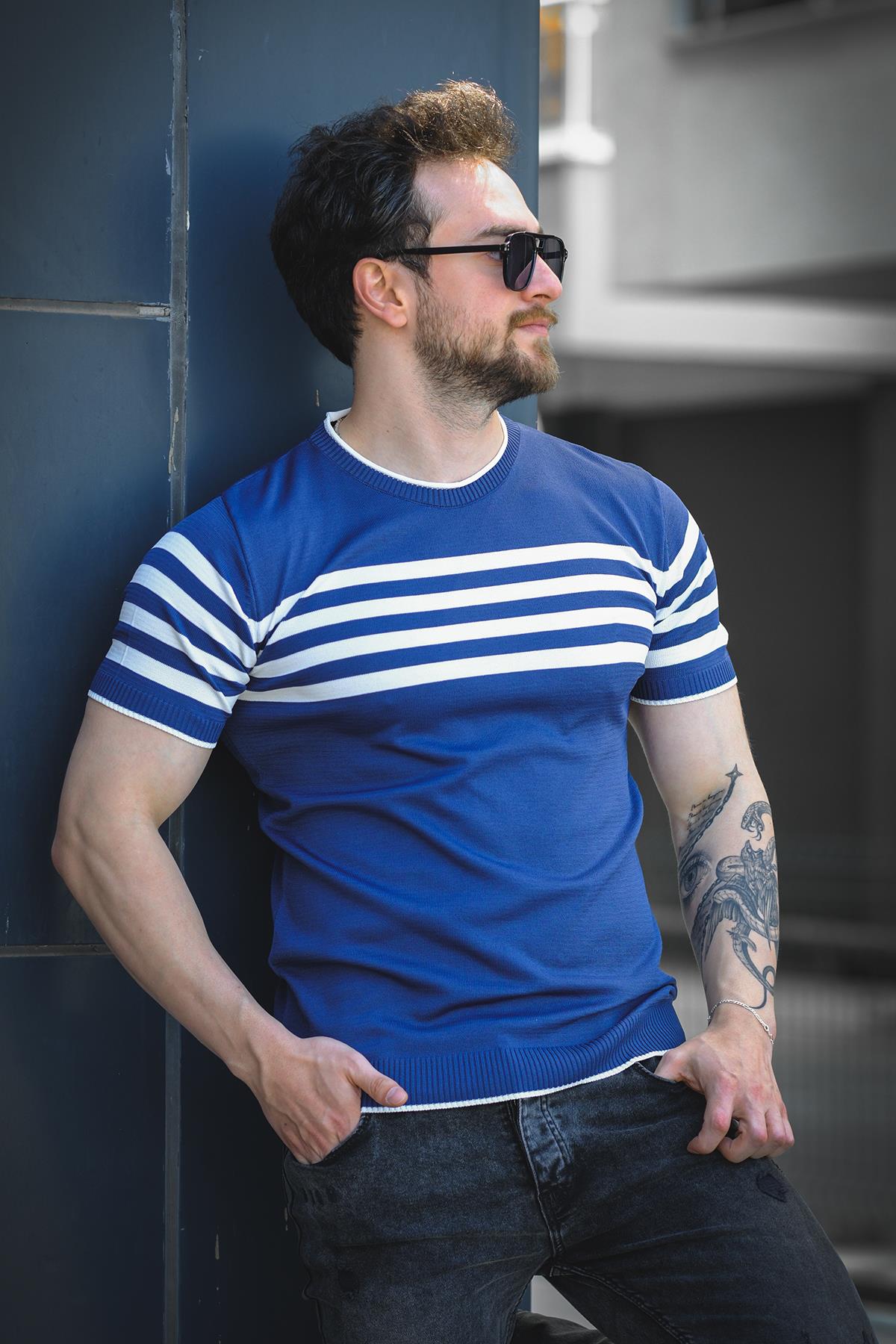 Liam Çizgili Likralı Slim Fit Bisiklet Yaka Örme Erkek Triko Tshirt