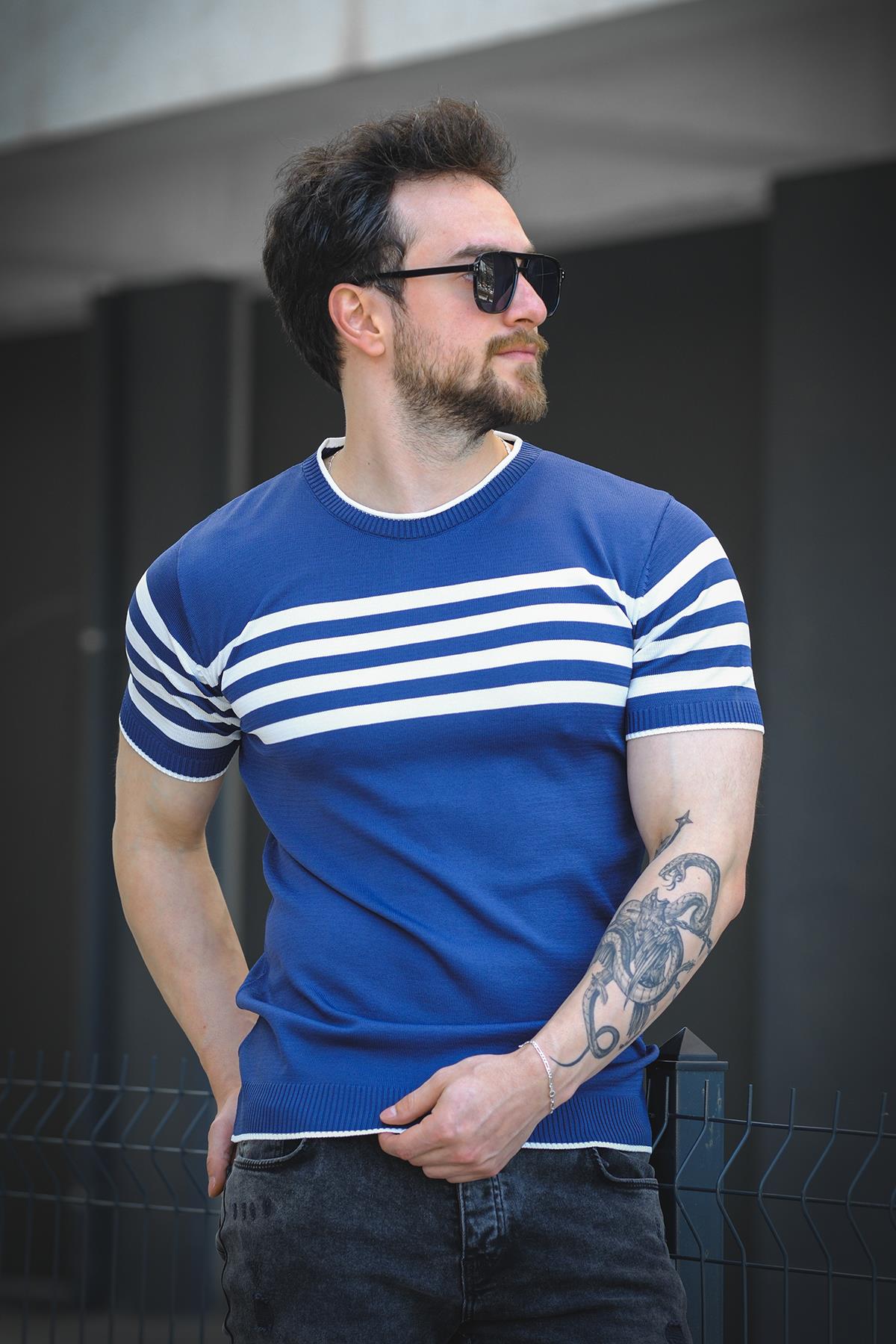 Liam Çizgili Likralı Slim Fit Bisiklet Yaka Örme Erkek Triko Tshirt