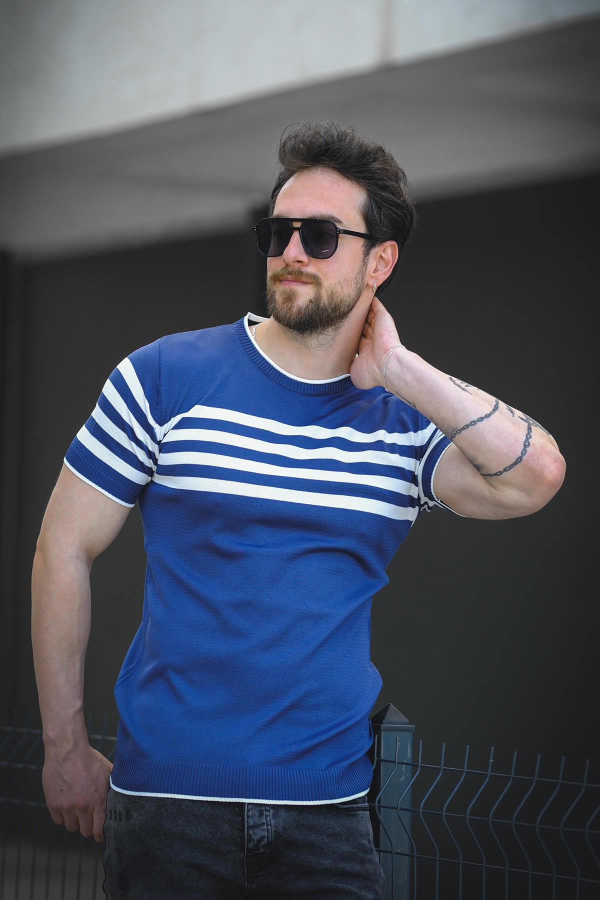 Liam Çizgili Likralı Slim Fit Bisiklet Yaka Örme Erkek Triko Tshirt