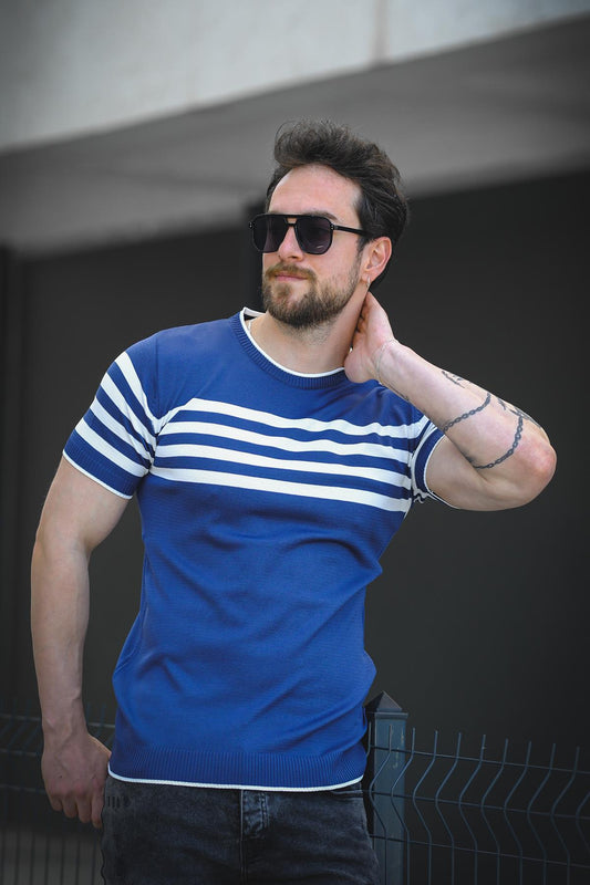 Liam Çizgili Likralı Slim Fit Bisiklet Yaka Örme Erkek Triko Tshirt
