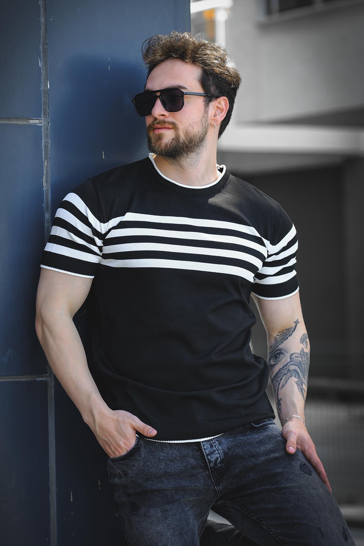 Liam Çizgili Likralı Slim Fit Bisiklet Yaka Örme Erkek Triko Tshirt