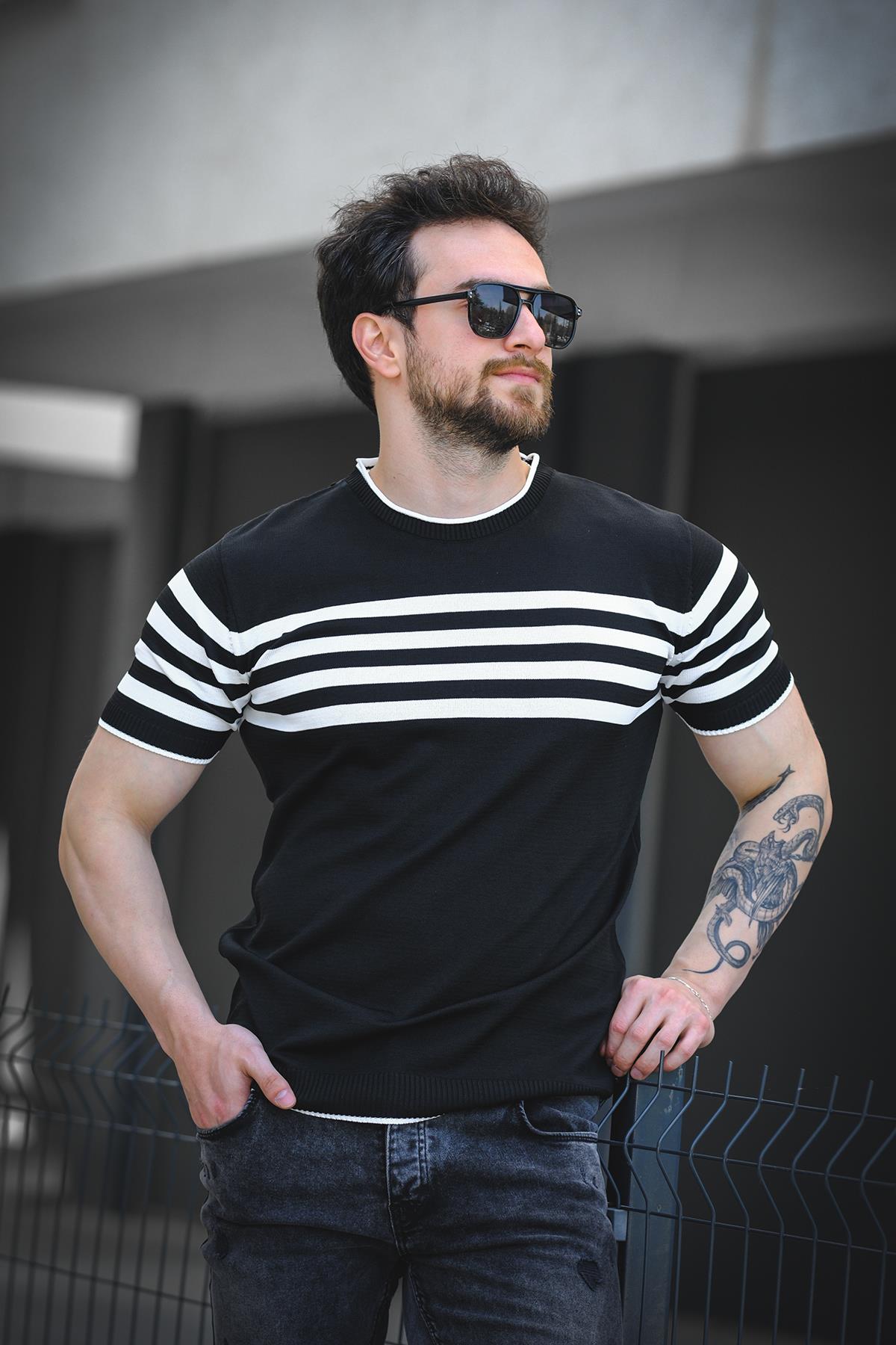 Liam Çizgili Likralı Slim Fit Bisiklet Yaka Örme Erkek Triko Tshirt