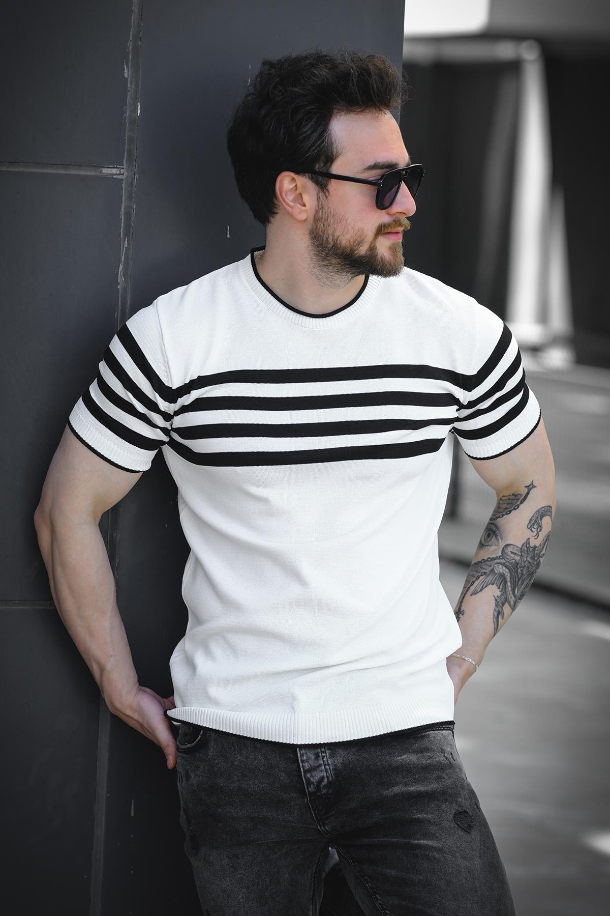 Liam Çizgili Likralı Slim Fit Bisiklet Yaka Örme Erkek Triko Tshirt