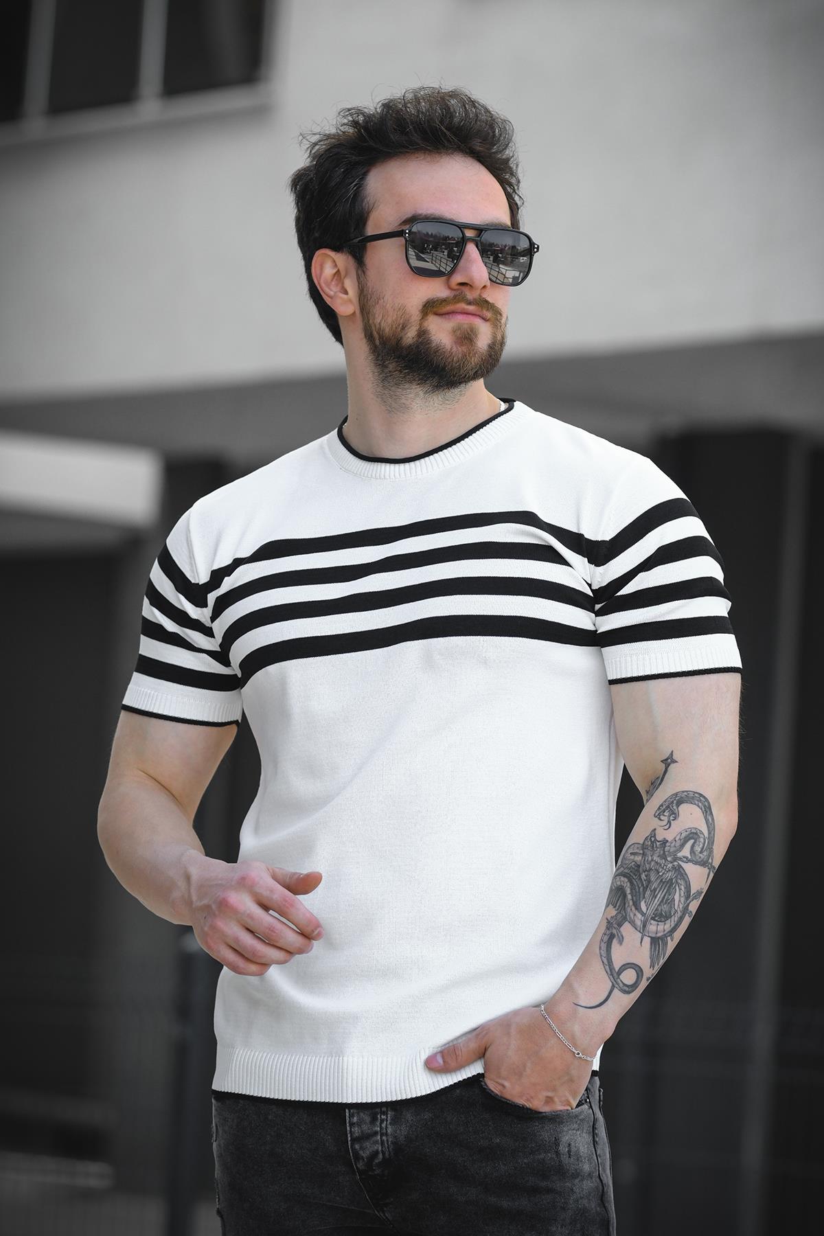 Liam Çizgili Likralı Slim Fit Bisiklet Yaka Örme Erkek Triko Tshirt