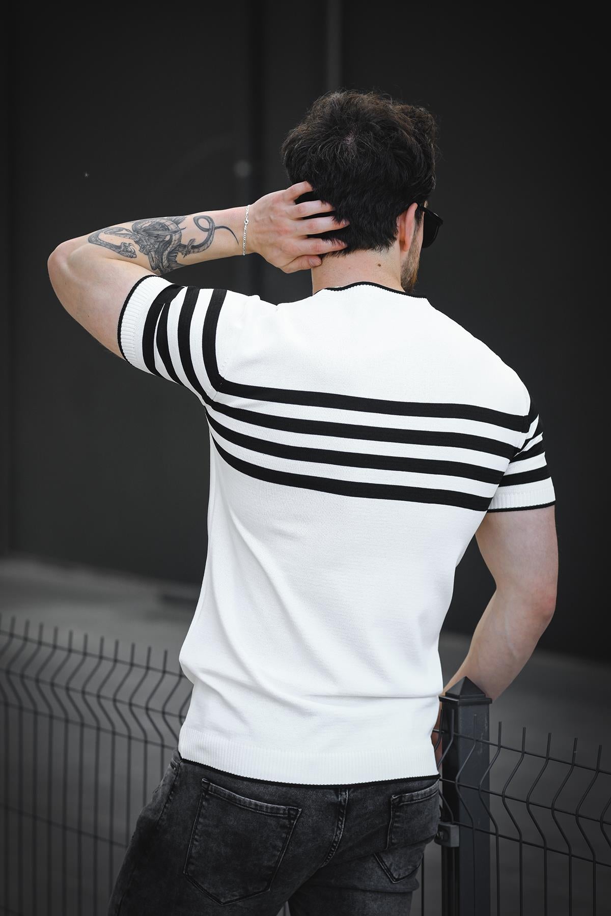 Liam Çizgili Likralı Slim Fit Bisiklet Yaka Örme Erkek Triko Tshirt